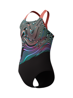 Speedo Kids' Powerback Placement Print Swimsuit, Neon Coral - view 2, Neon Coral