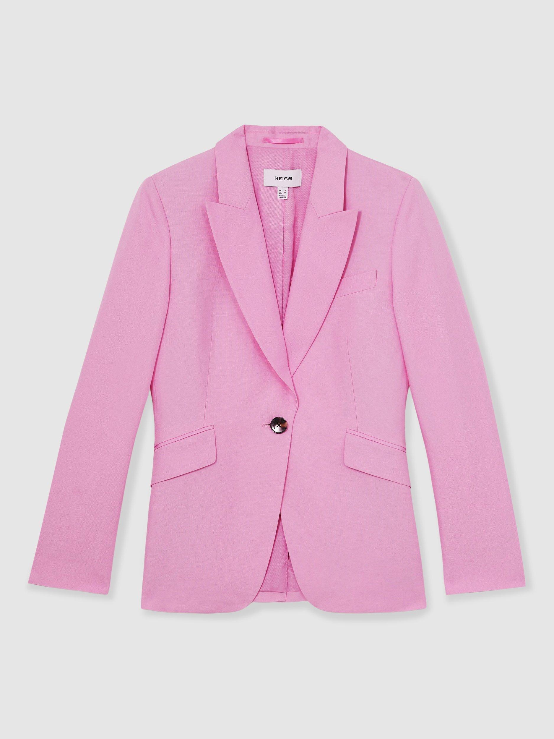 Product image 3 of 5, which shows Reiss Raine Linen Blend Single Breasted Blazer, Pink, 6