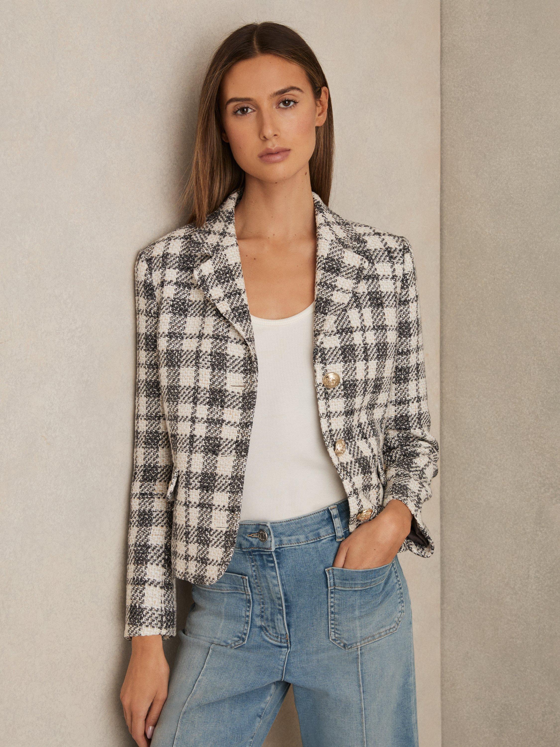 Product image 4 of 5, which shows Reiss Carly Check Jacket, Grey/White, 8