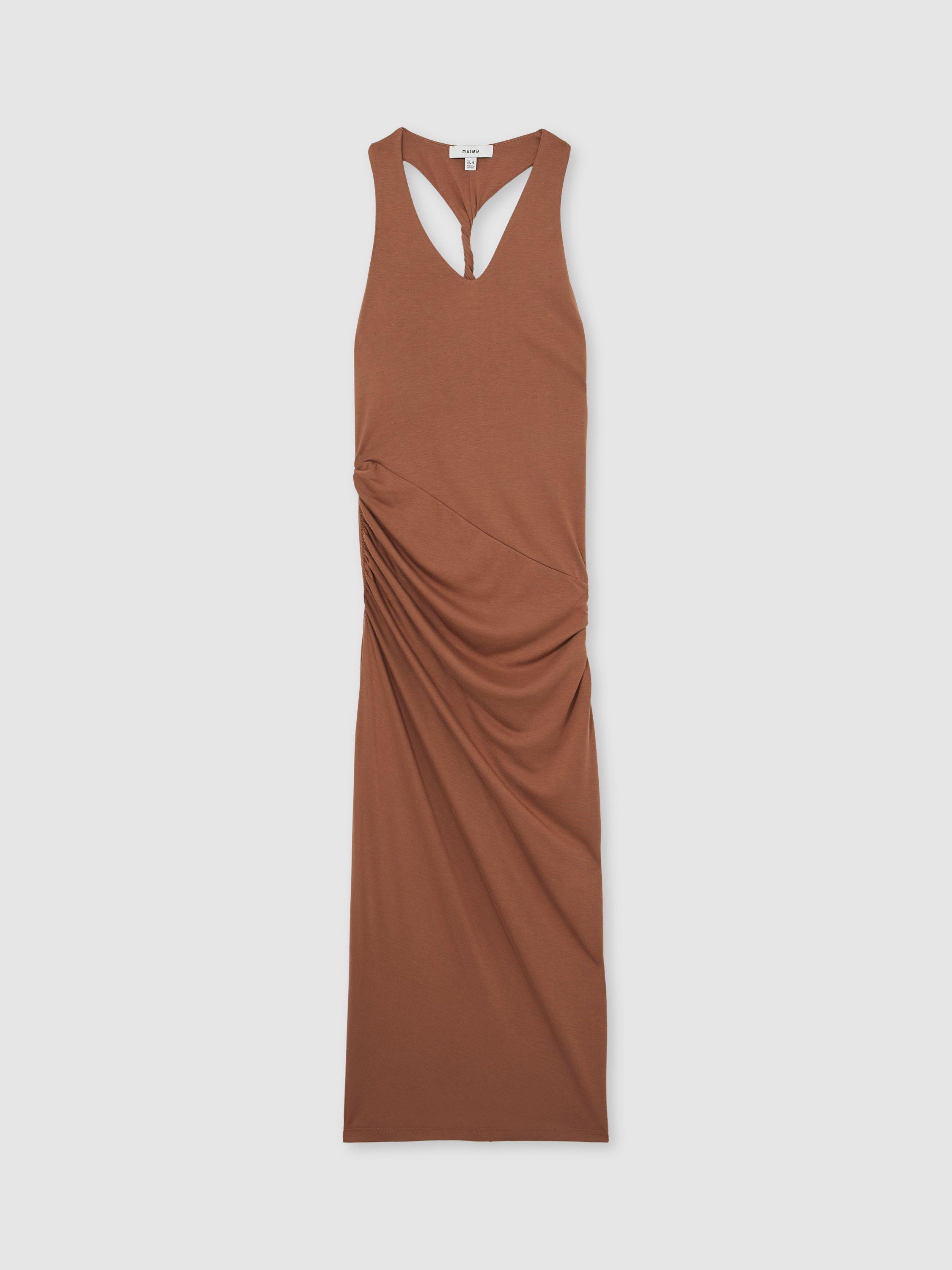 Product image 3 of 5, which shows Reiss Aaliyah Twist Back Dress, Brown, 6
