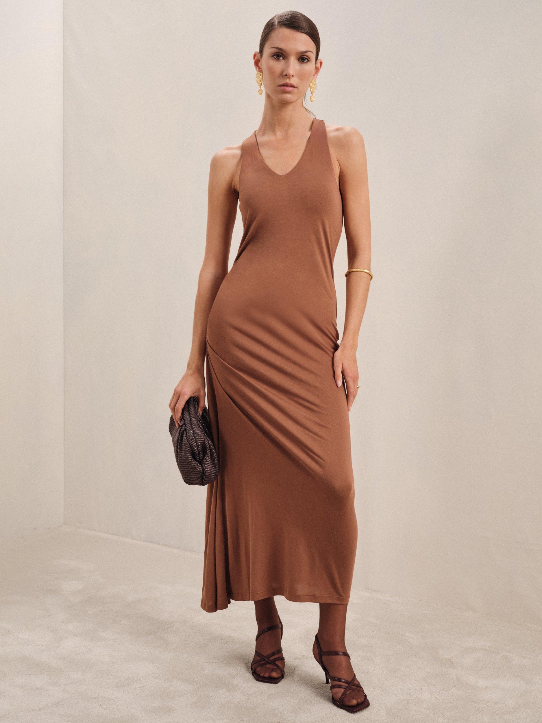 Product image 4 of 5, which shows Reiss Aaliyah Twist Back Dress, Brown, 6
