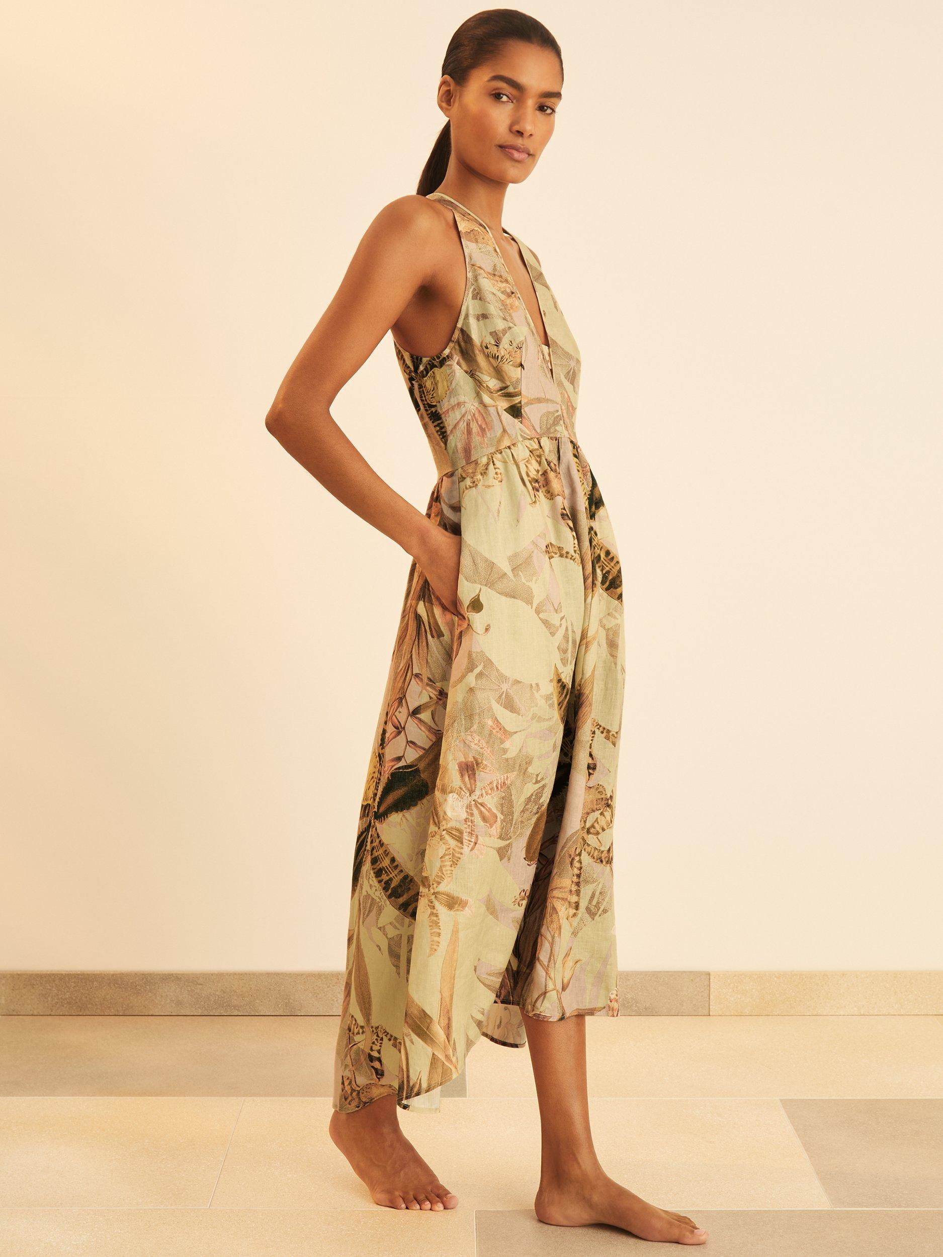 Product image 1 of 5, which shows Reiss New York Botanical Gardens Anna Linen A-Line Midi Dress, Natural/Multi, 6