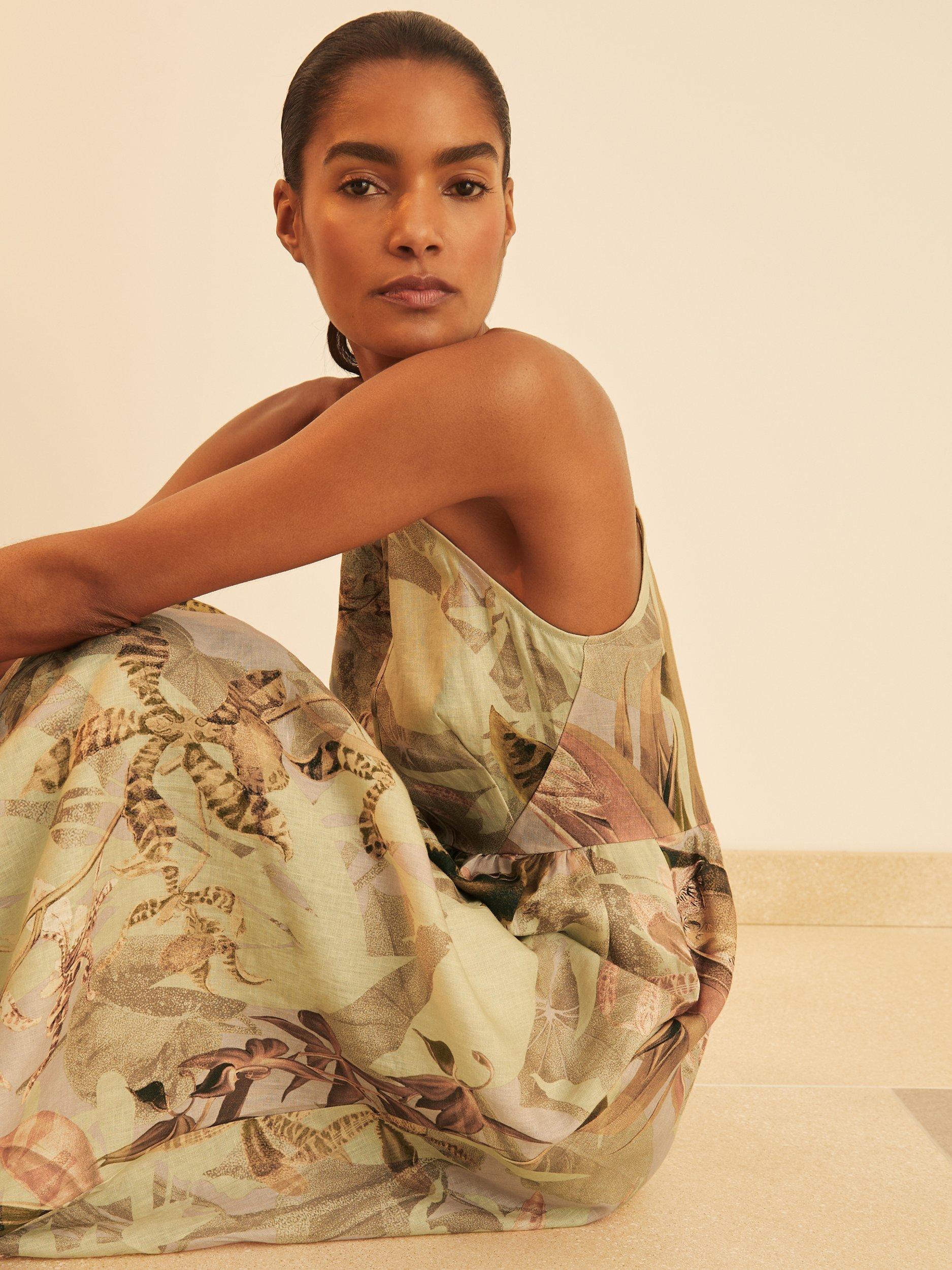Product image 4 of 5, which shows Reiss New York Botanical Gardens Anna Linen A-Line Midi Dress, Natural/Multi, 6