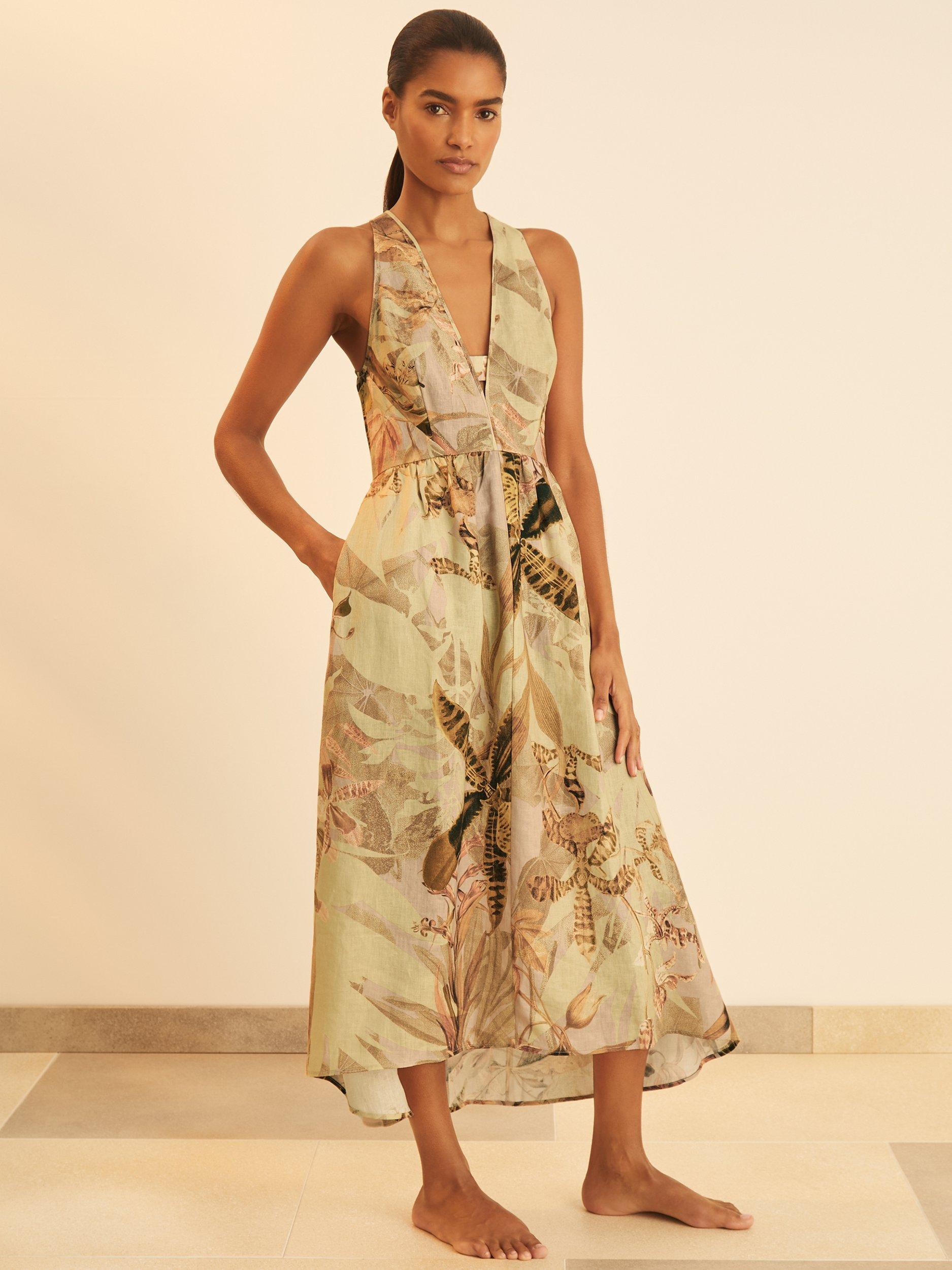 Product image 5 of 5, which shows Reiss New York Botanical Gardens Anna Linen A-Line Midi Dress, Natural/Multi, 6