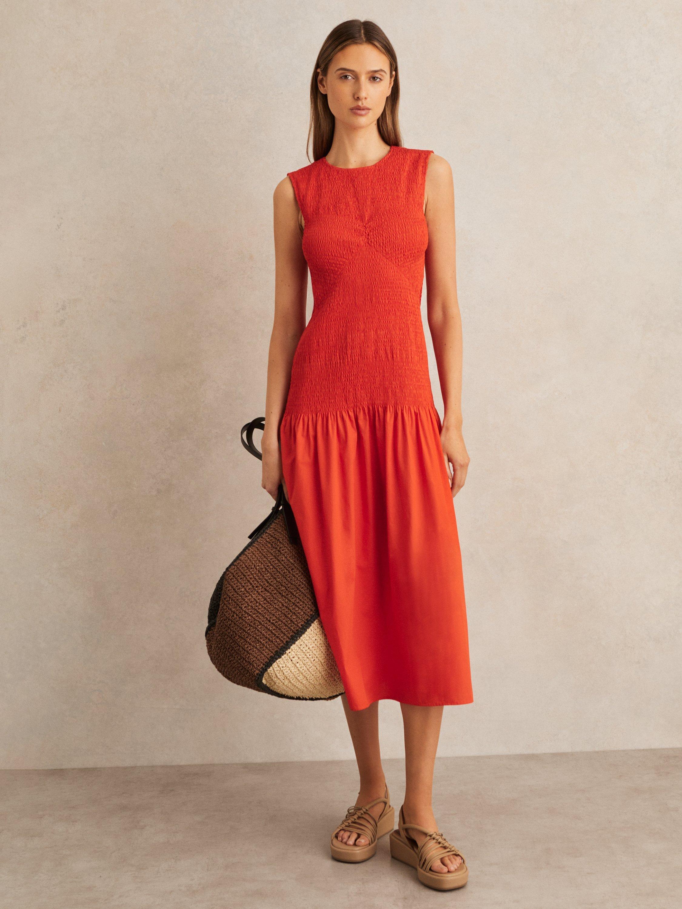 Product image 2 of 5, which shows Reiss Annabel Drop Waist Sleeveless Dress, Red, 6