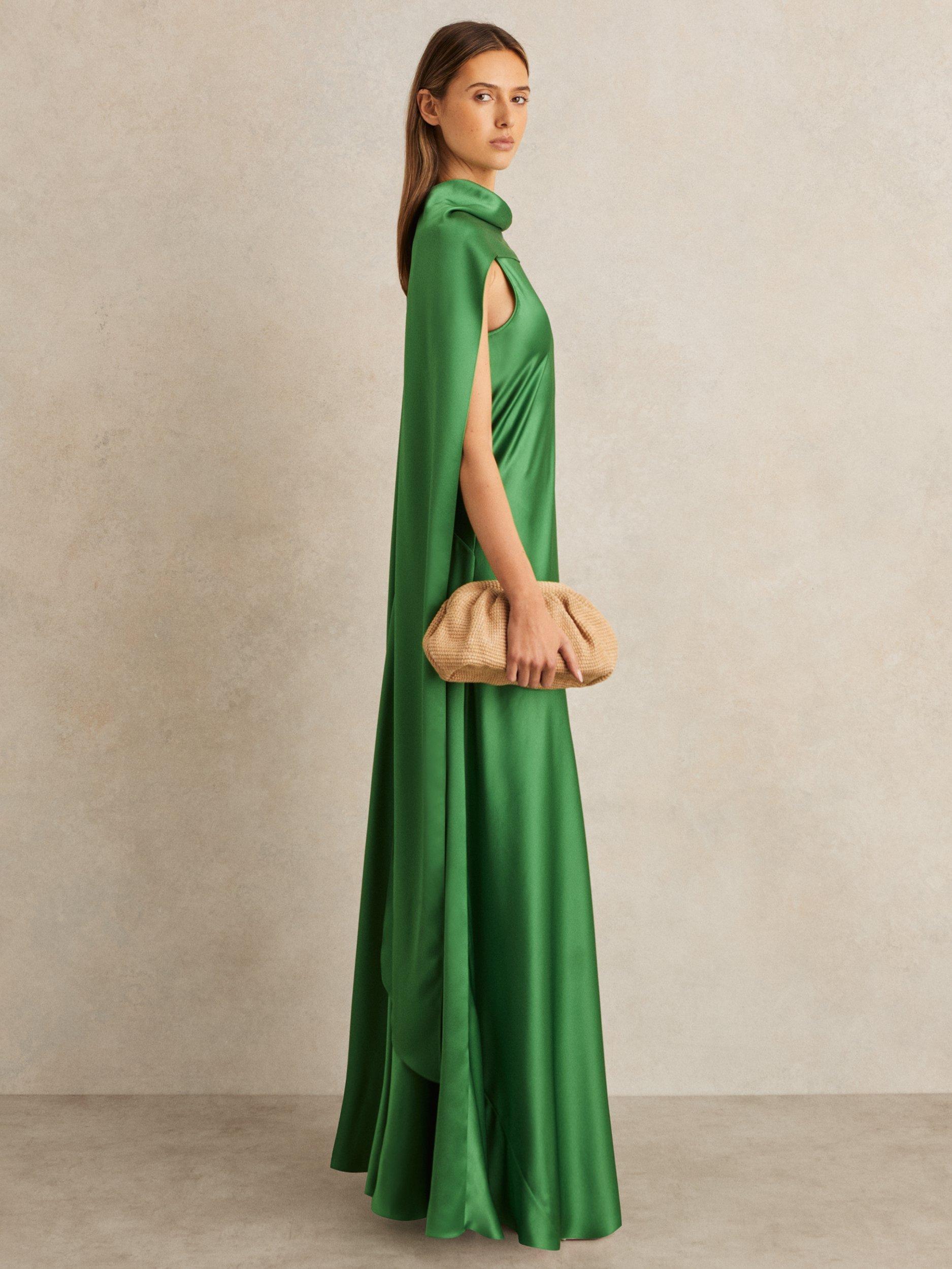 Product image 4 of 5, which shows Reiss Fae Drape Satin Maxi Dress, Green, 6