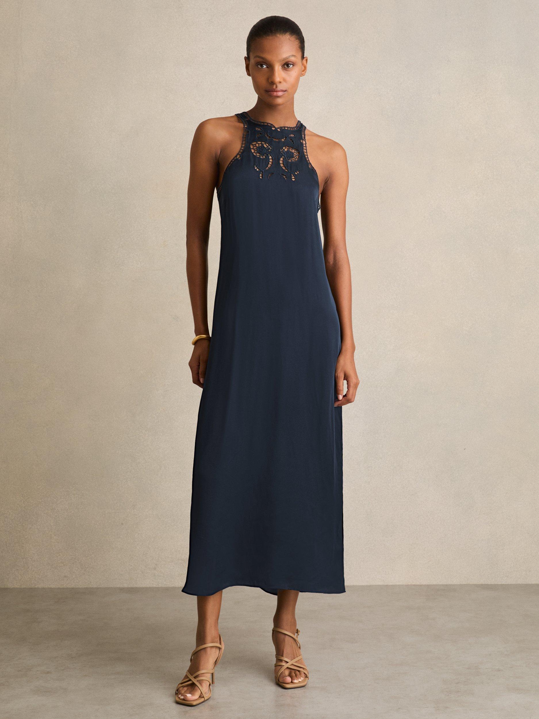 Product image 4 of 5, which shows Reiss Joy Embroidered Midi Dress, Navy, 6