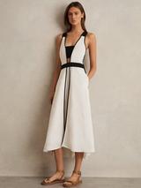 Reiss Kori Perforated-Knit Cotton-Skirt Midi Dress, Ivory