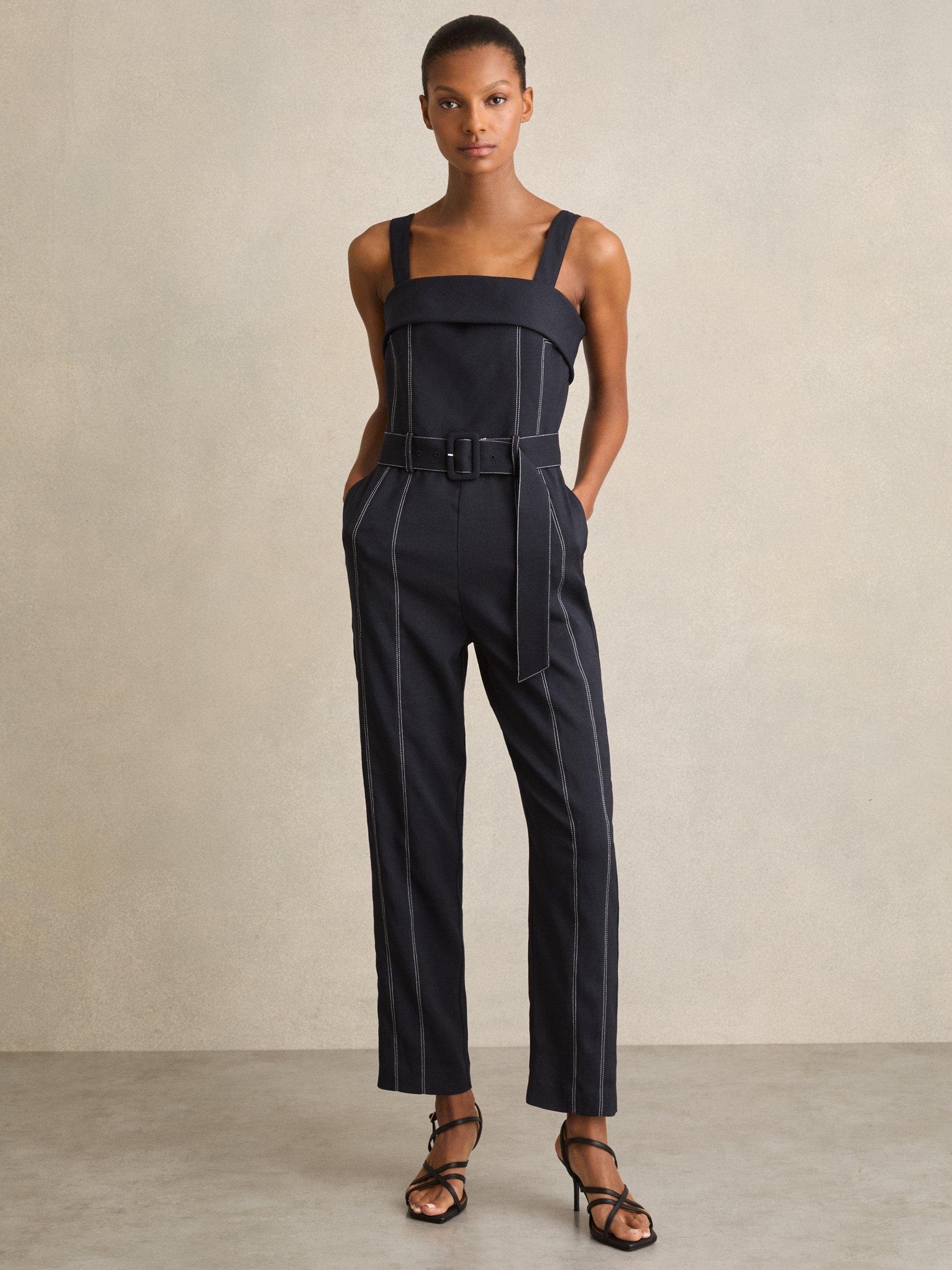 Product image 1 of 5, which shows Reiss Fianna Square Neck Sleeveless Jumpsuit, Navy, 6