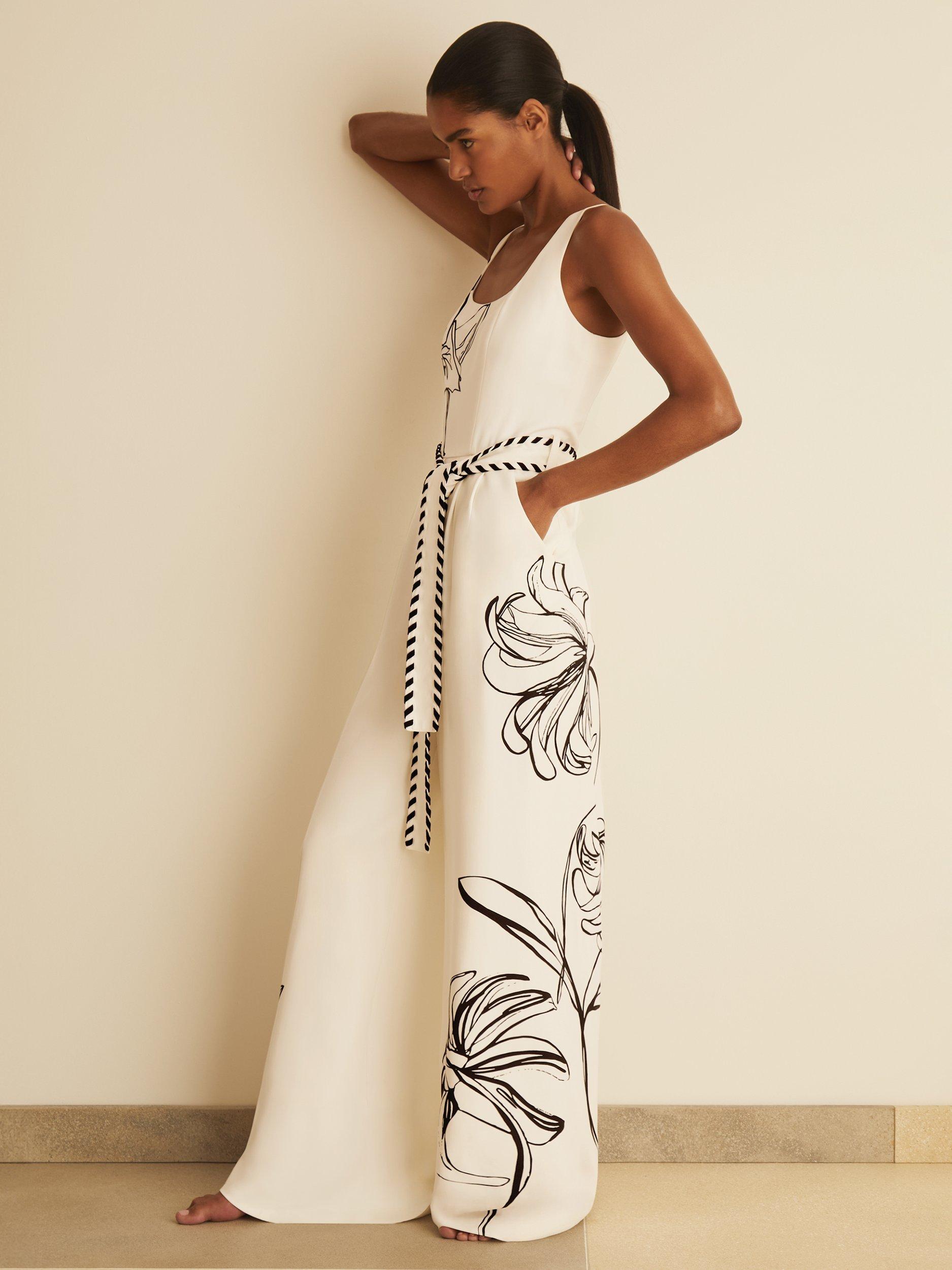 Reiss New York Botanical Gardens Kinsley Floral Wide Leg Jumpsuit, Ivory/Black