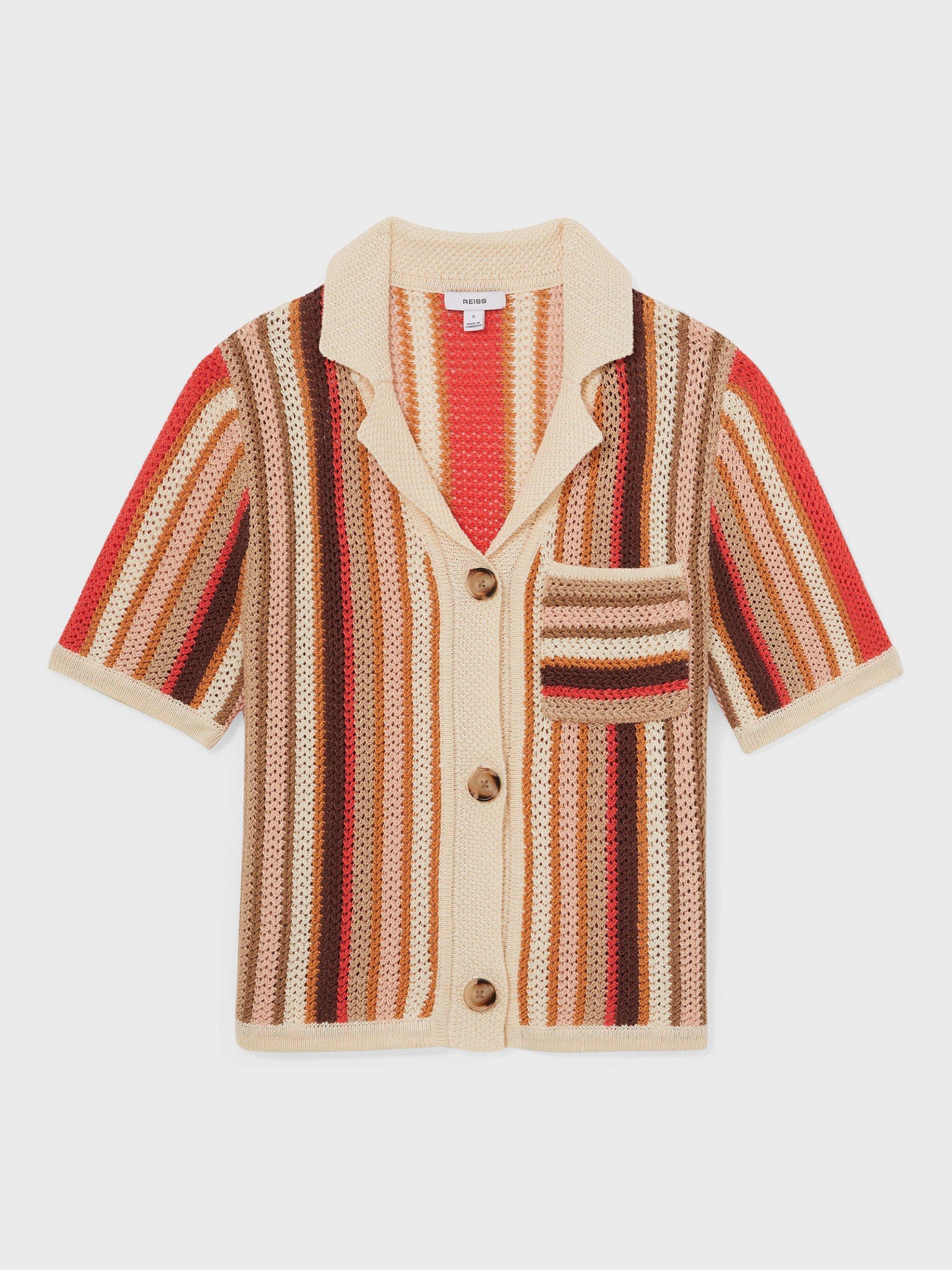Product image 3 of 5, which shows Reiss Candy Stripe Pure Linen Knit Shirt, Coral/Multi, XS