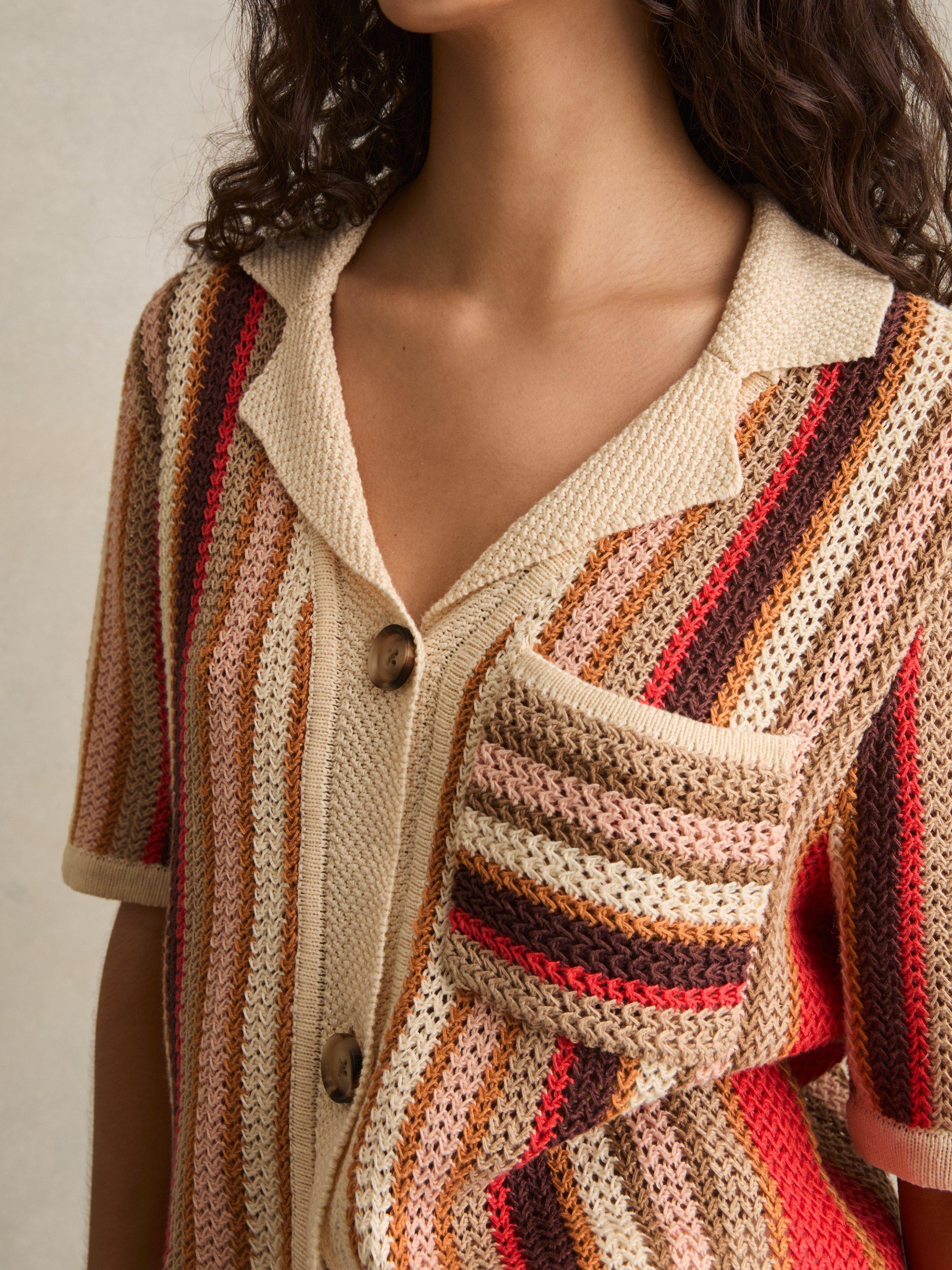 Product image 4 of 5, which shows Reiss Candy Stripe Pure Linen Knit Shirt, Coral/Multi, XS