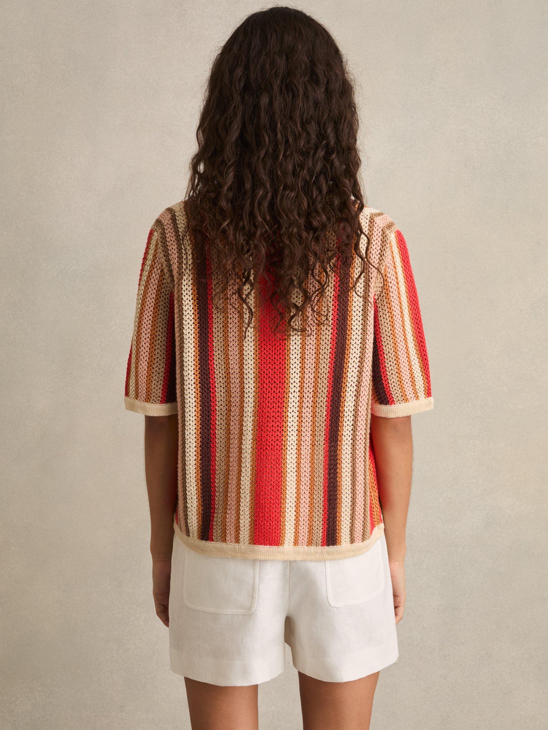 Product image 5 of 5, which shows Reiss Candy Stripe Pure Linen Knit Shirt, Coral/Multi, XS
