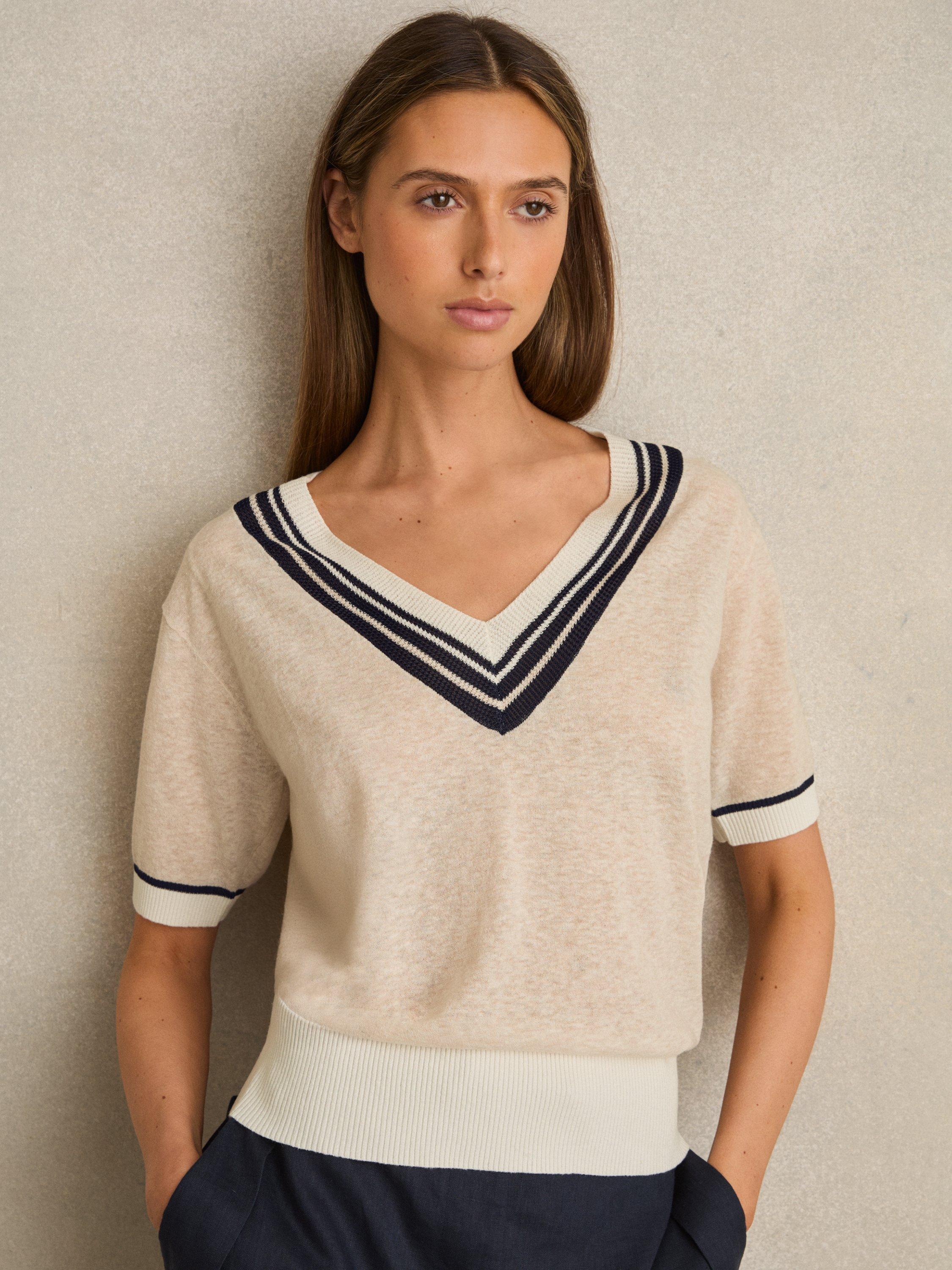 Product image 1 of 4, which shows Reiss Ida Stripe V-Neck Short Sleeve Jumper, Neutral, XS