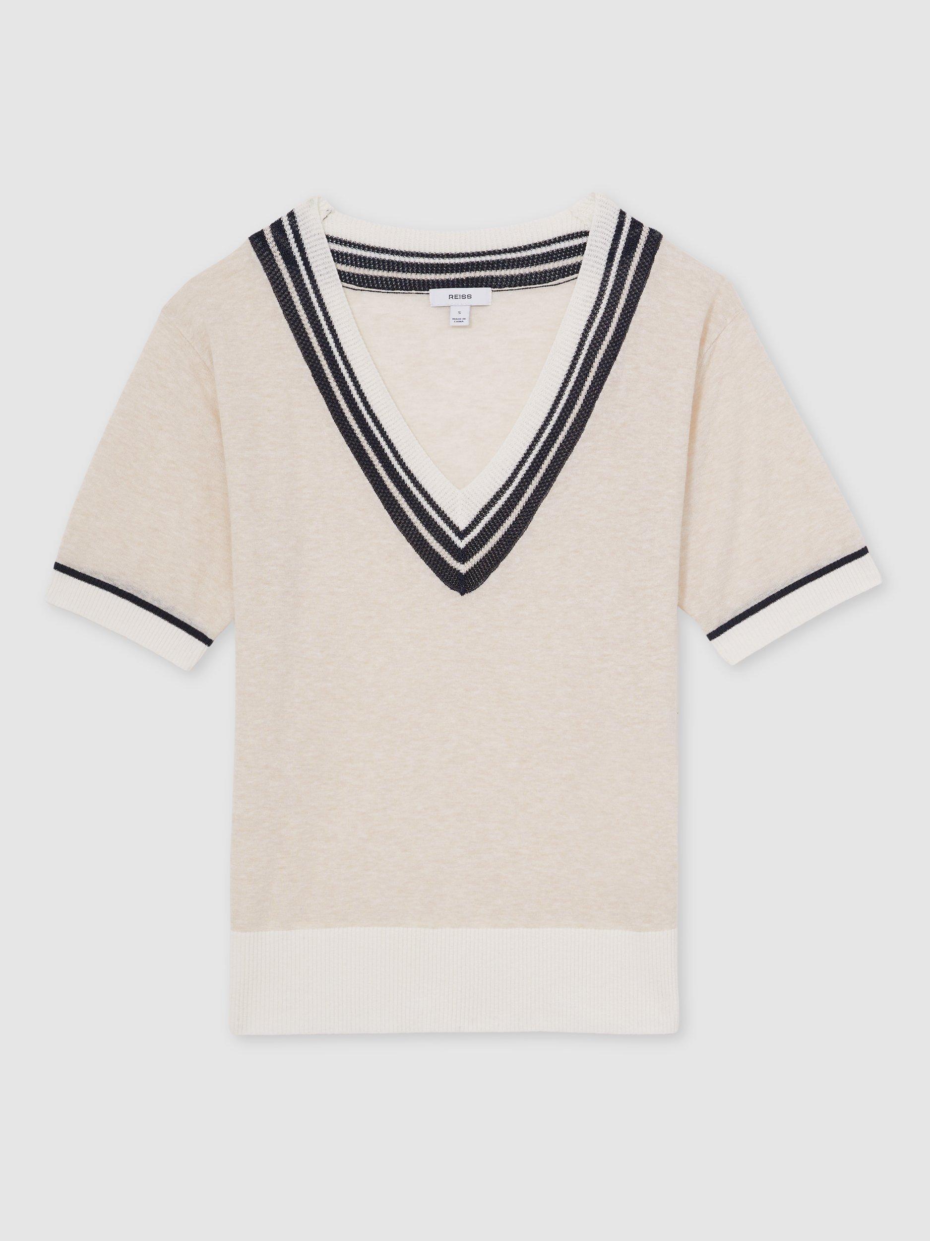 Product image 2 of 4, which shows Reiss Ida Stripe V-Neck Short Sleeve Jumper, Neutral, XS