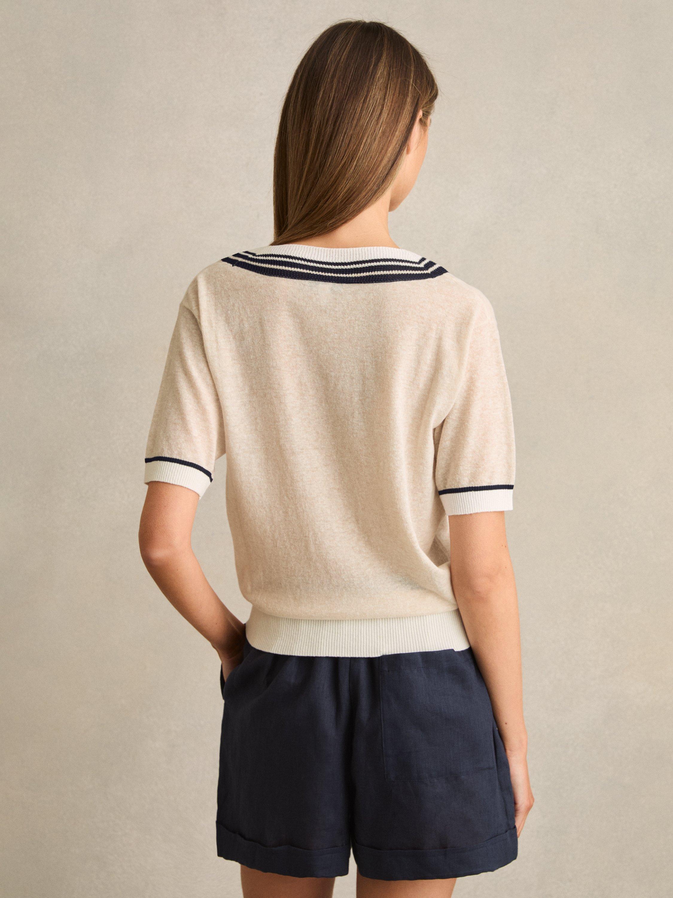 Product image 4 of 4, which shows Reiss Ida Stripe V-Neck Short Sleeve Jumper, Neutral, XS