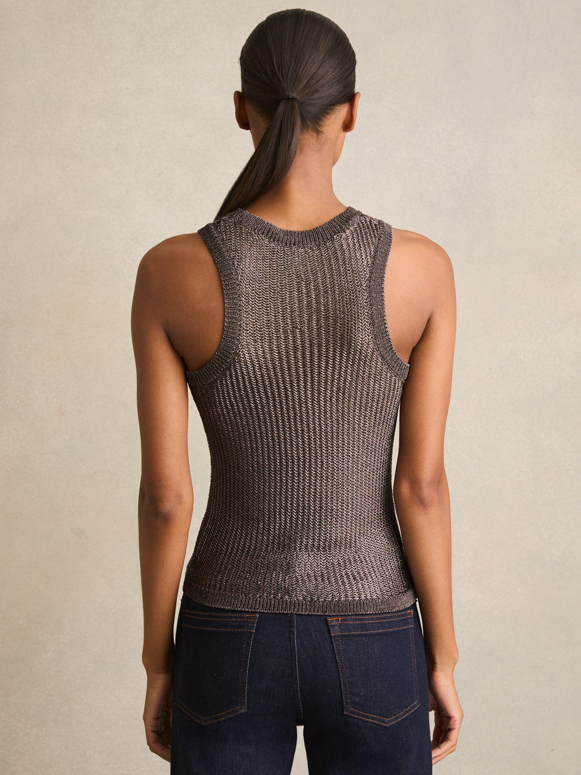 Product image 2 of 5, which shows Reiss Tia Metallic Knit Top, Gunmetal, S