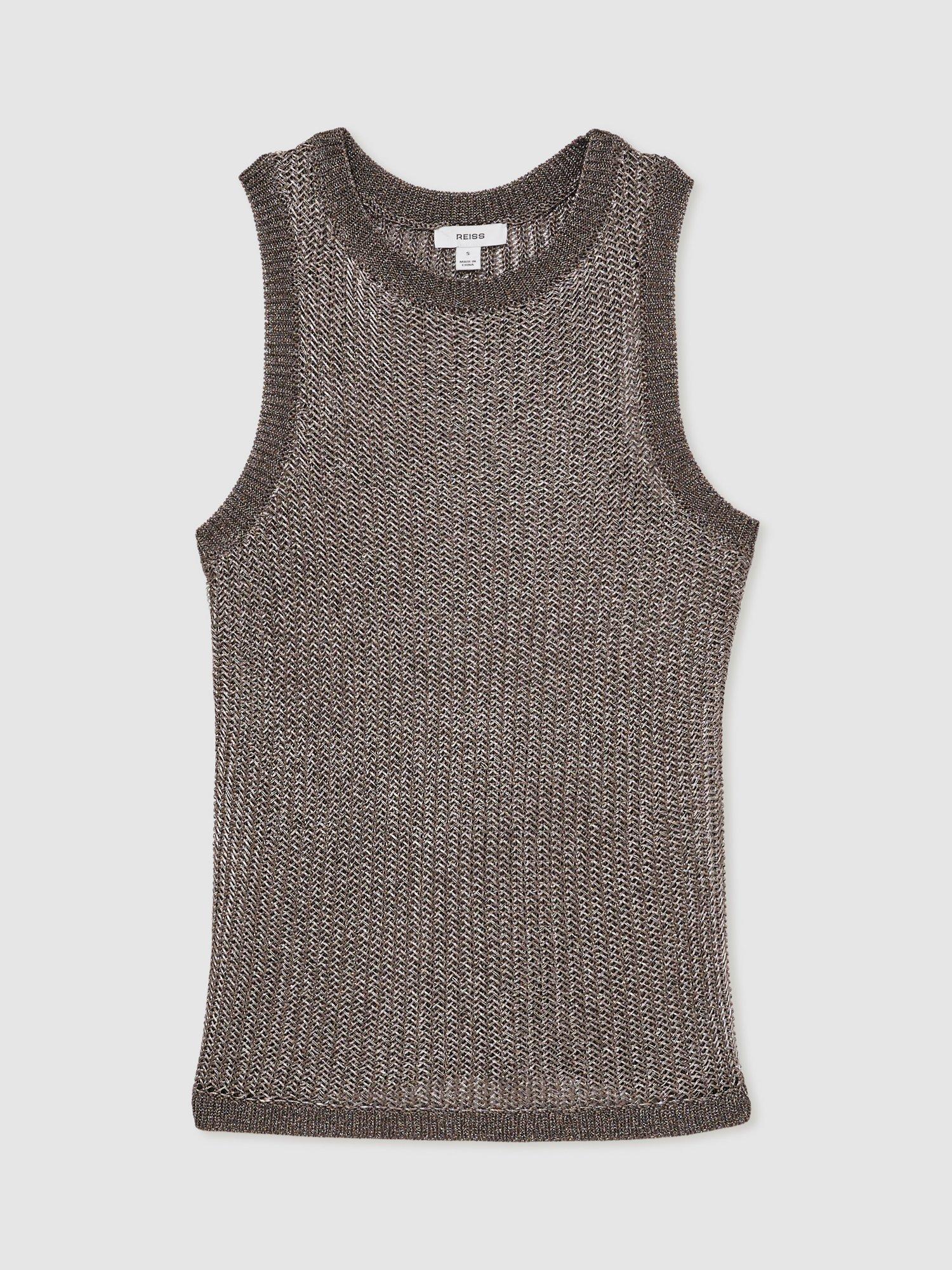 Product image 3 of 5, which shows Reiss Tia Metallic Knit Top, Gunmetal, S