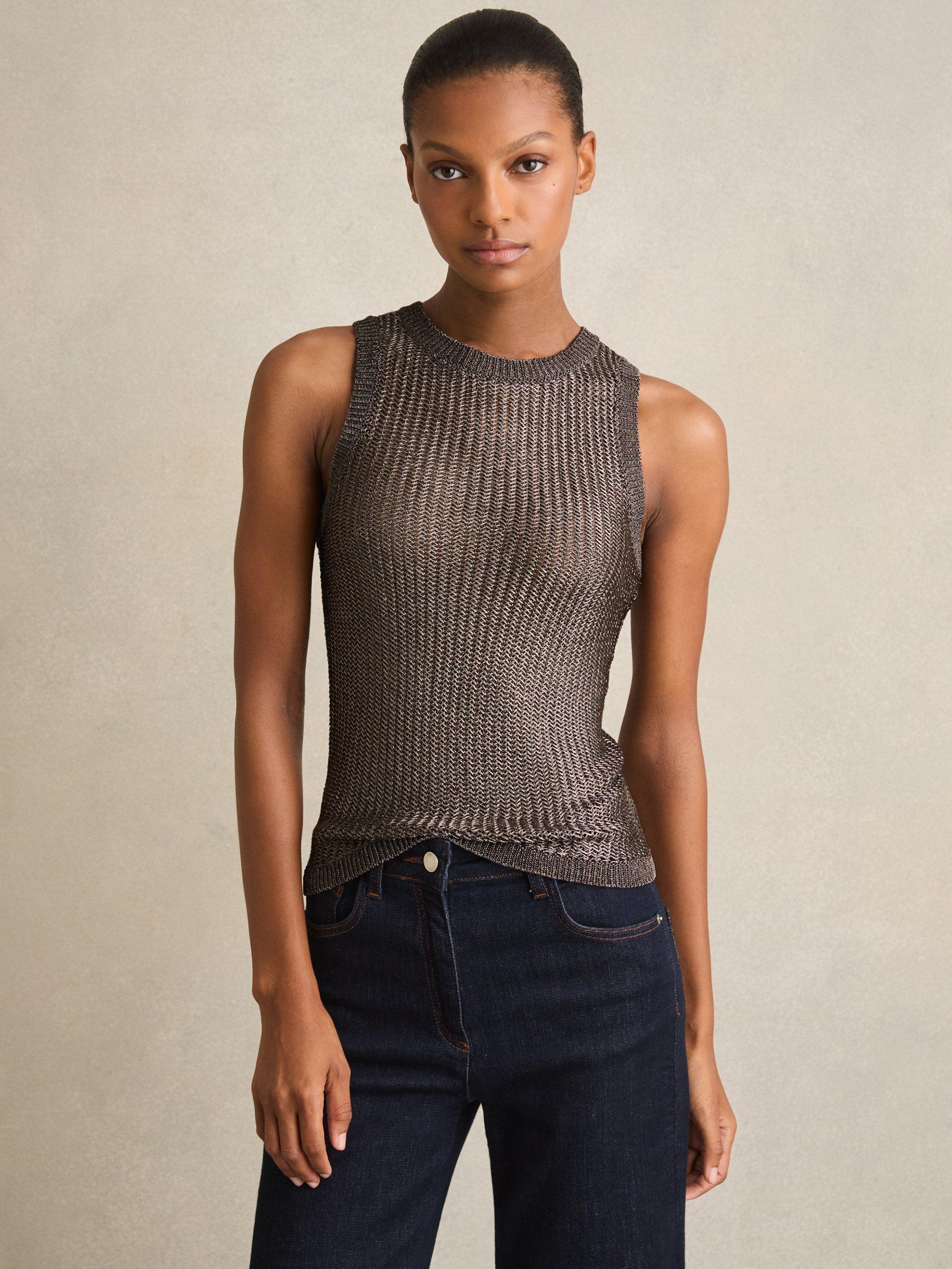 Product image 4 of 5, which shows Reiss Tia Metallic Knit Top, Gunmetal, S