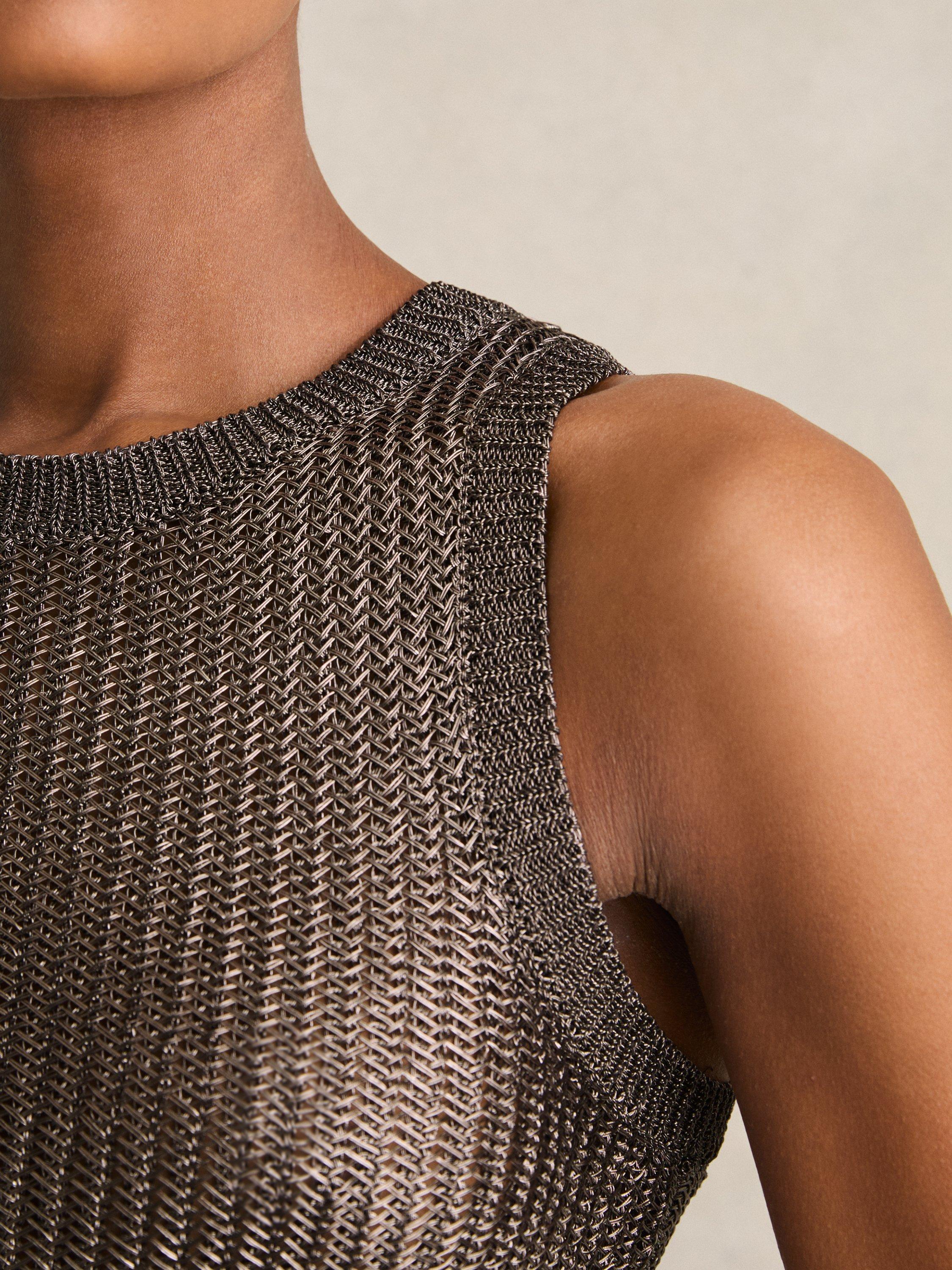 Product image 5 of 5, which shows Reiss Tia Metallic Knit Top, Gunmetal, S