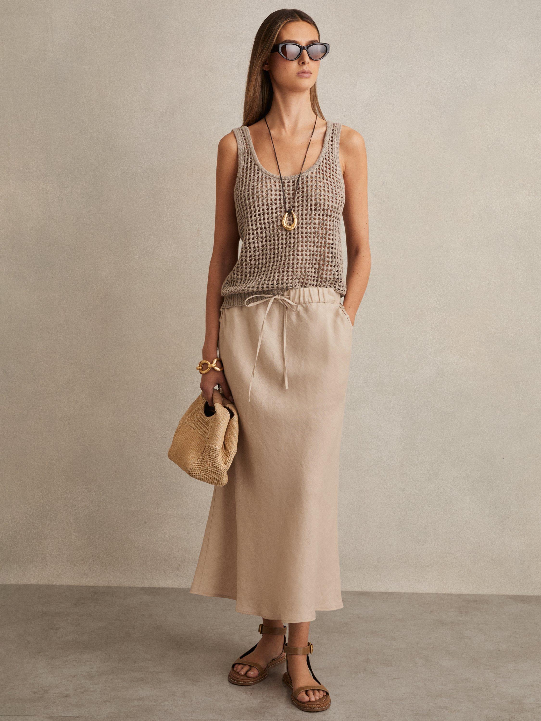 Product image 1 of 5, which shows Reiss Roxi Pure Linen Skirt, Neutral, 6