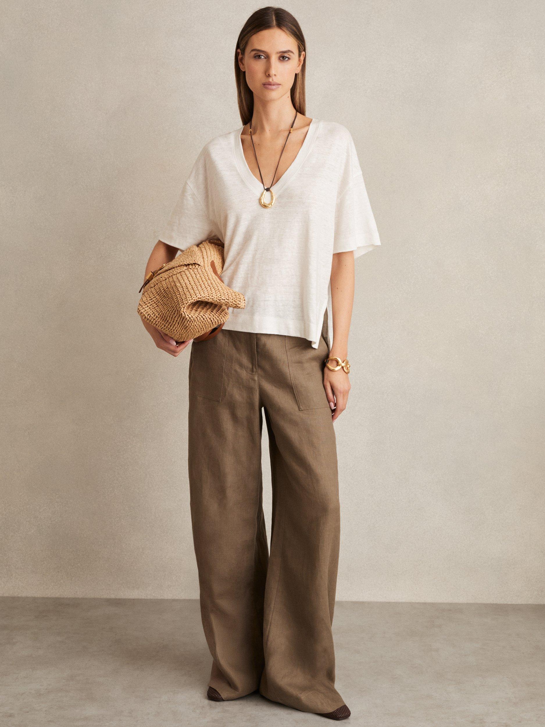 Product image 1 of 4, which shows Reiss Ember Side Slit Pure Linen T-Shirt, White, XS