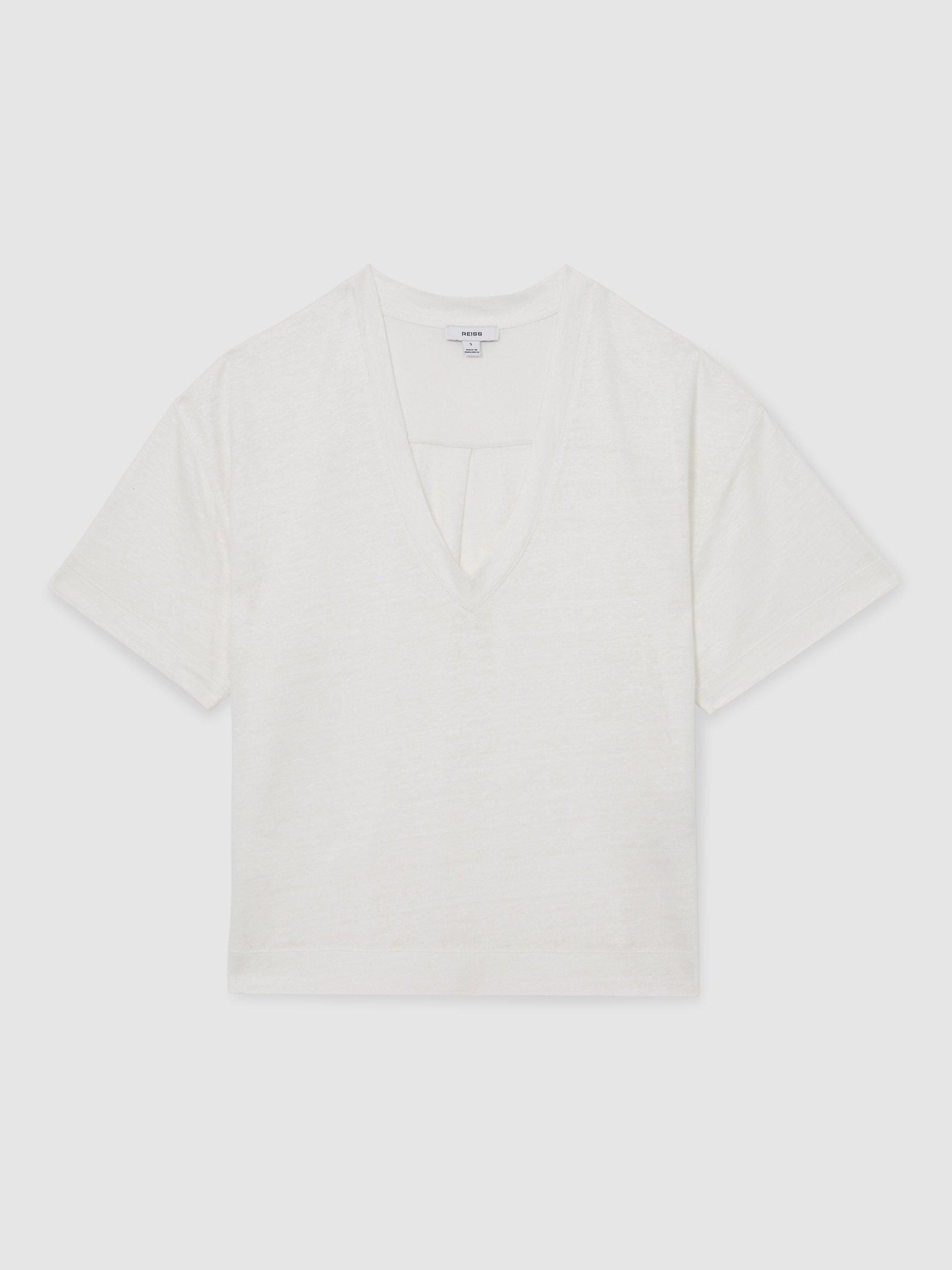 Product image 2 of 4, which shows Reiss Ember Side Slit Pure Linen T-Shirt, White, XS