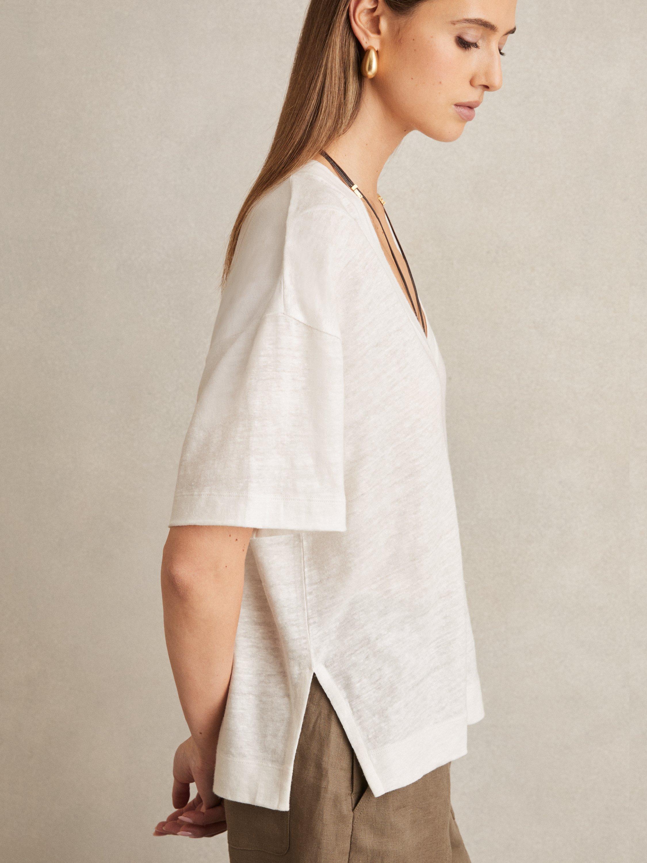 Product image 3 of 4, which shows Reiss Ember Side Slit Pure Linen T-Shirt, White, XS
