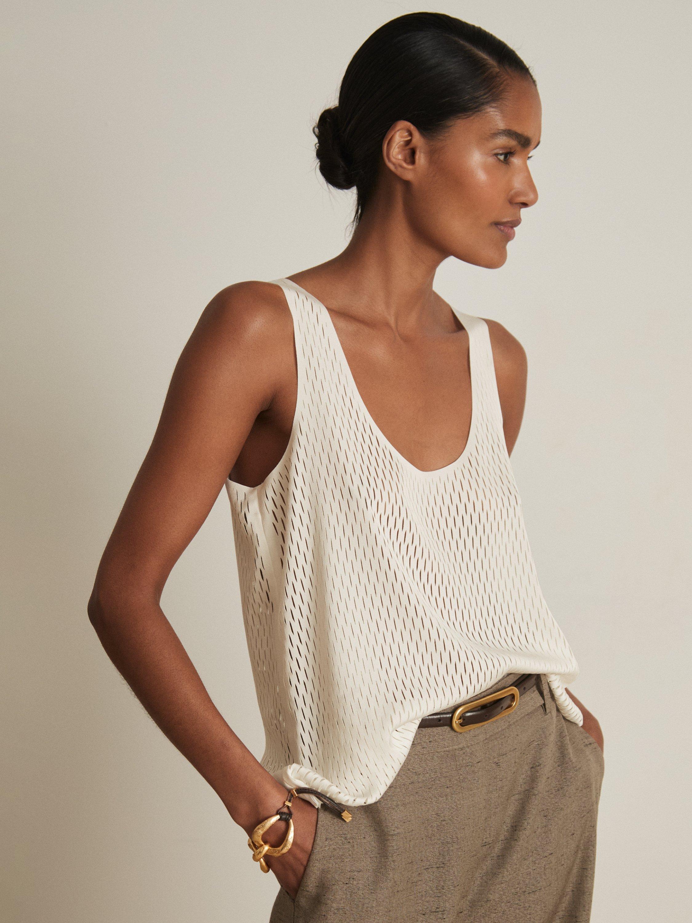 Product image 1 of 5, which shows Reiss Atelier Isabelle Open Weave Top, Cream, 6