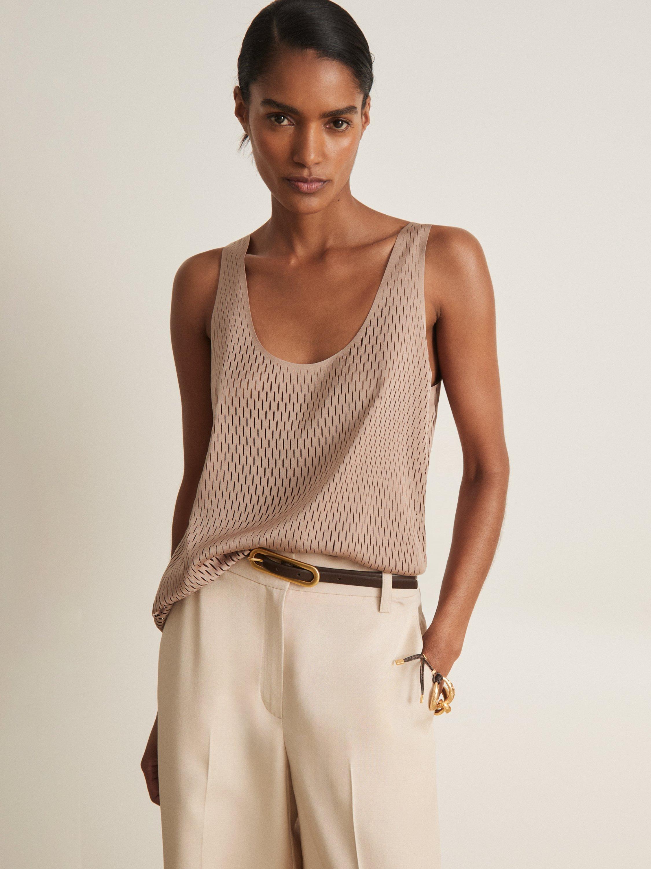 Product image 1 of 5, which shows Reiss Atelier Isabelle Open Weave Top, Light Brown, 6