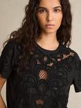 Reiss Iyla Short Sleeve Floral Cut Out Embroidered Top, Black