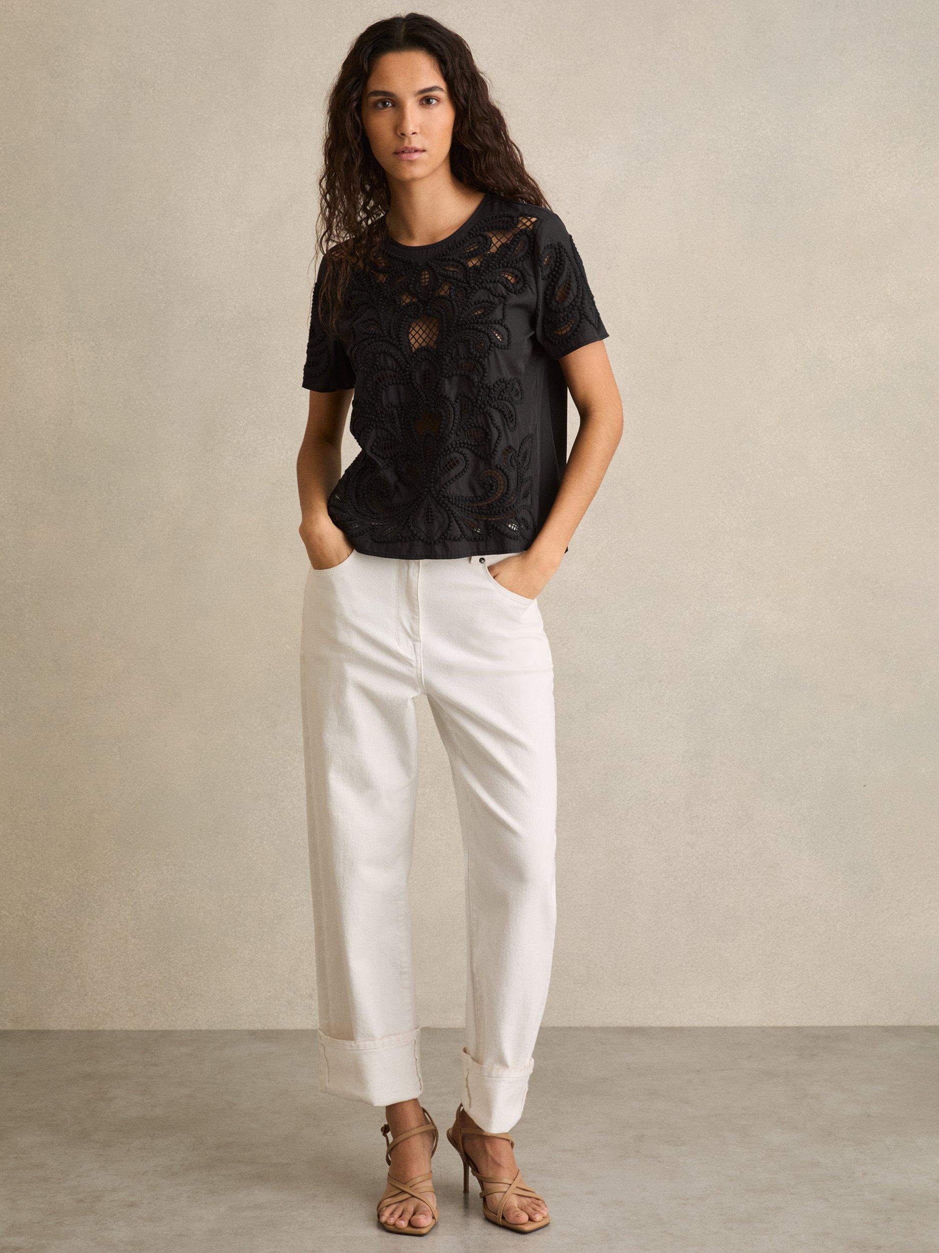 Product image 3 of 6, which shows Reiss Iyla Short Sleeve Floral Cut Out Embroidered Top, Black, 6