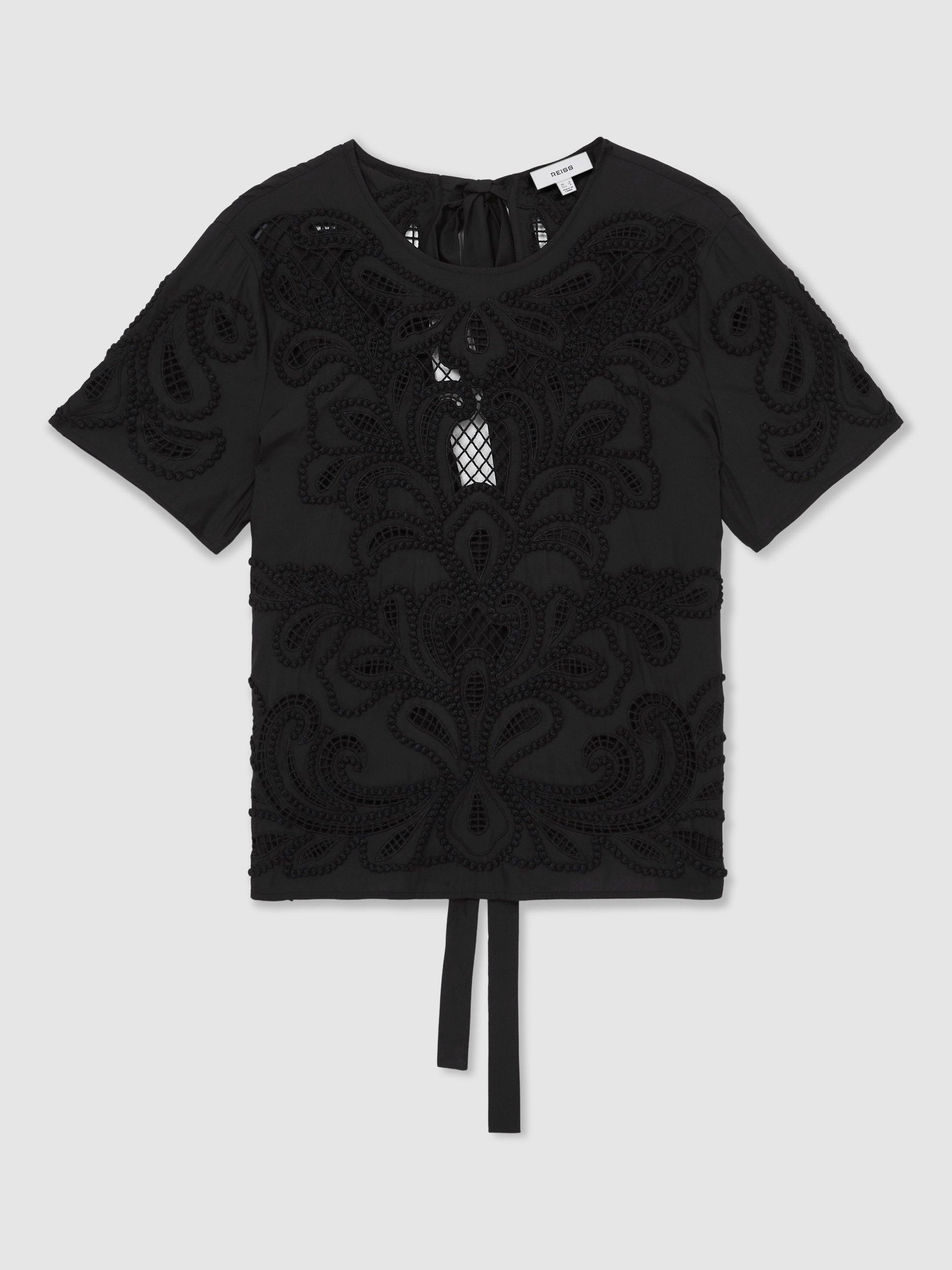 Product image 5 of 6, which shows Reiss Iyla Short Sleeve Floral Cut Out Embroidered Top, Black, 6
