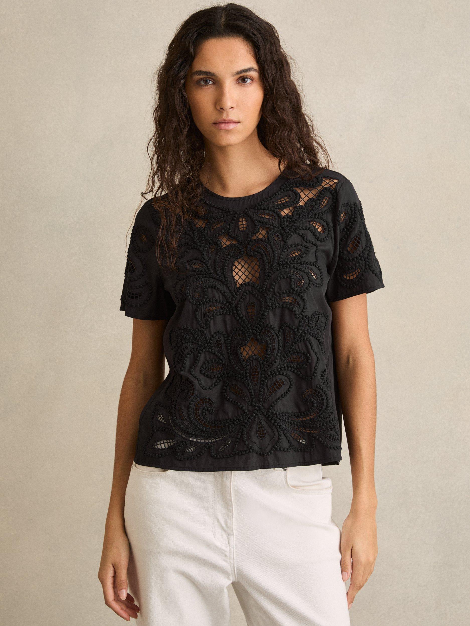 Product image 6 of 6, which shows Reiss Iyla Short Sleeve Floral Cut Out Embroidered Top, Black, 6