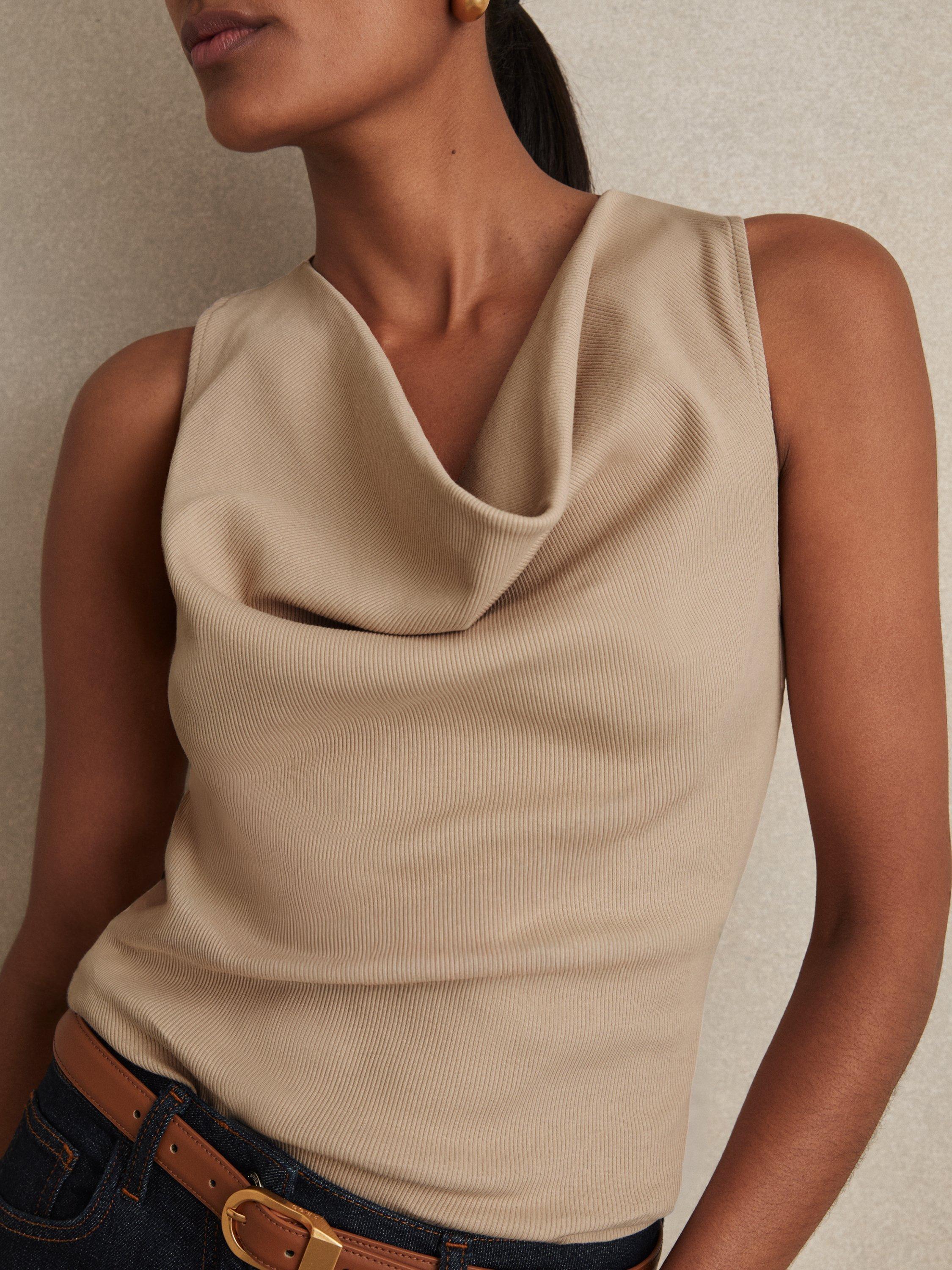 Product image 5 of 5, which shows Reiss Lyra Cowl Neck Sleeveless Top, Camel, XS