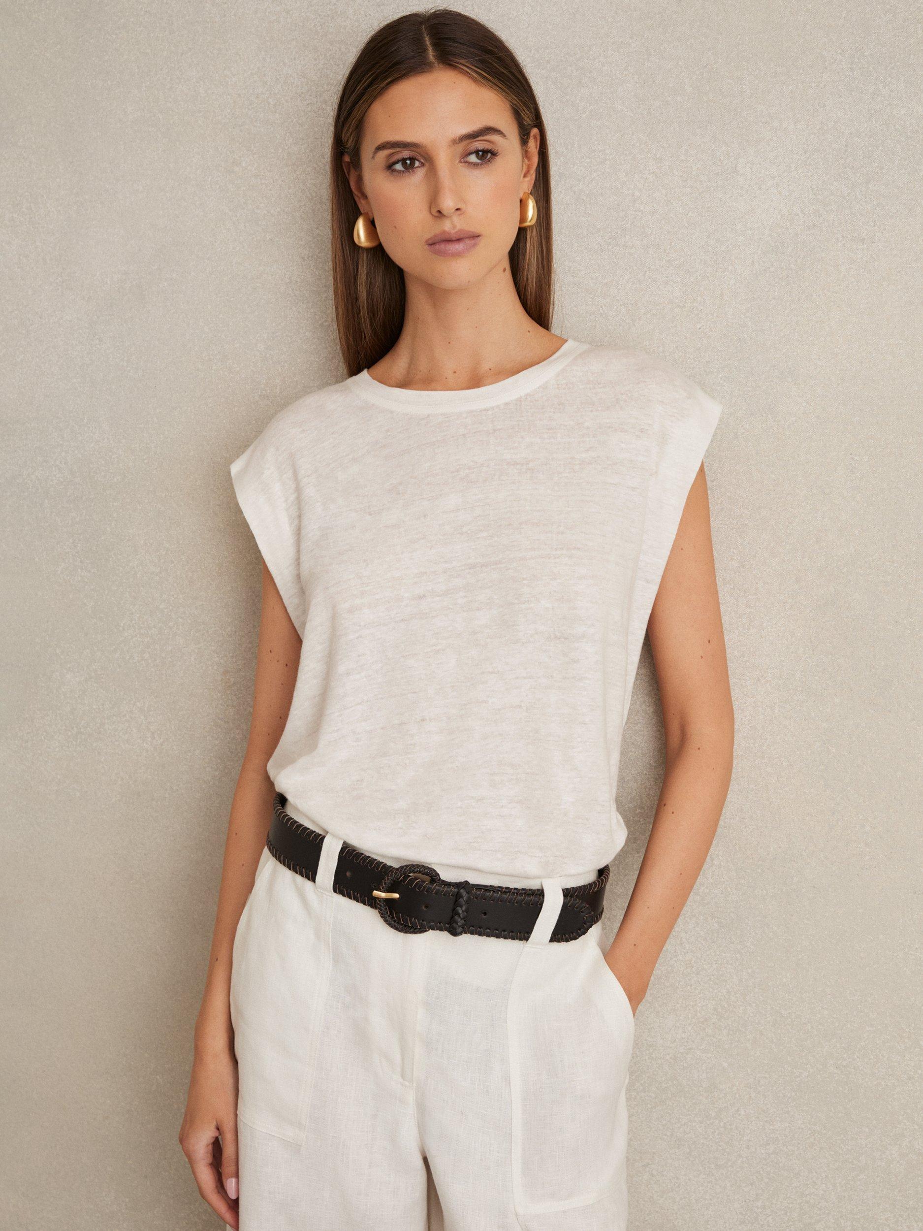 Product image 1 of 5, which shows Reiss Mara Cap Sleeve Pure Linen T-Shirt, White, XS