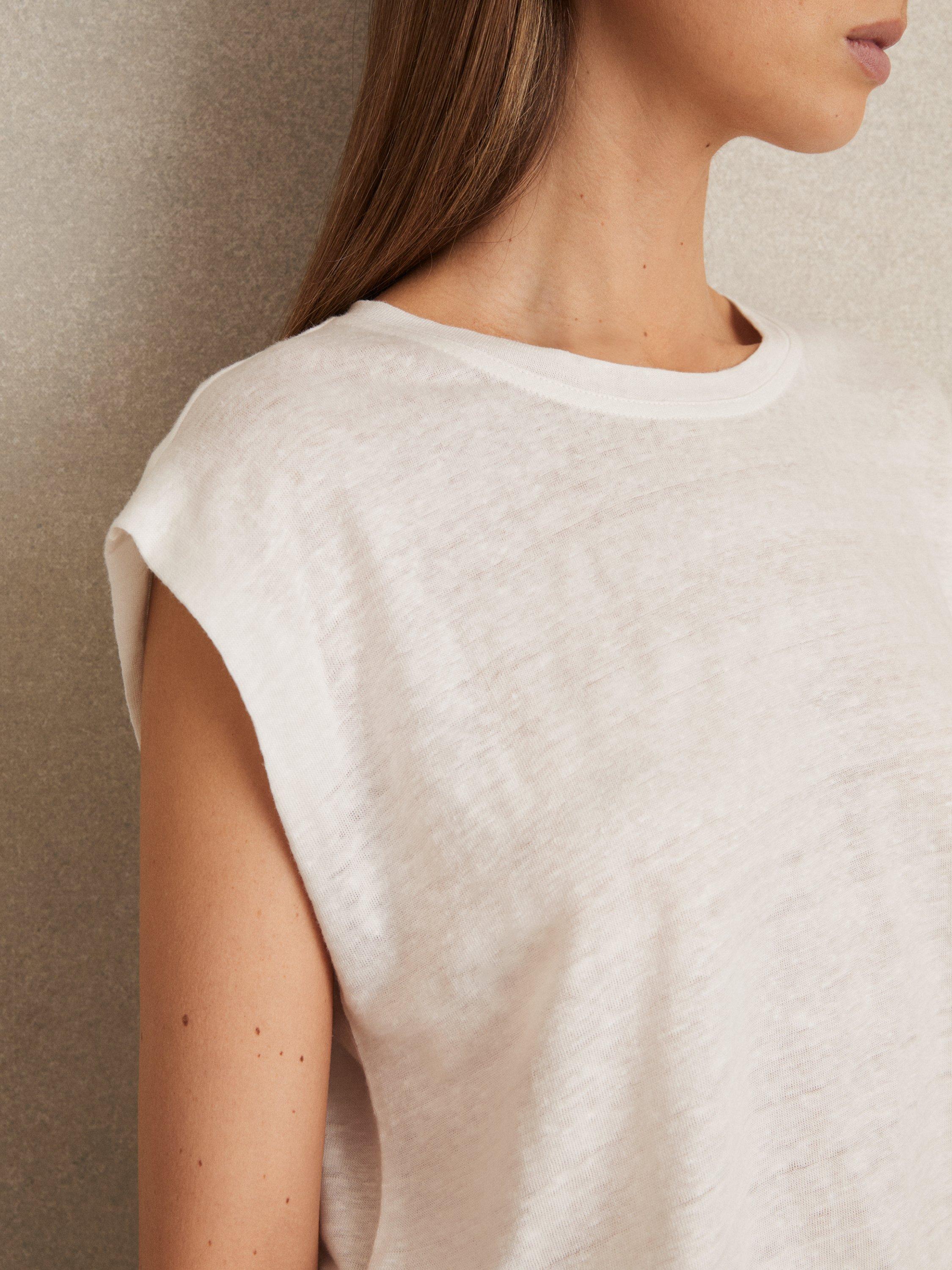 Product image 5 of 5, which shows Reiss Mara Cap Sleeve Pure Linen T-Shirt, White, XS
