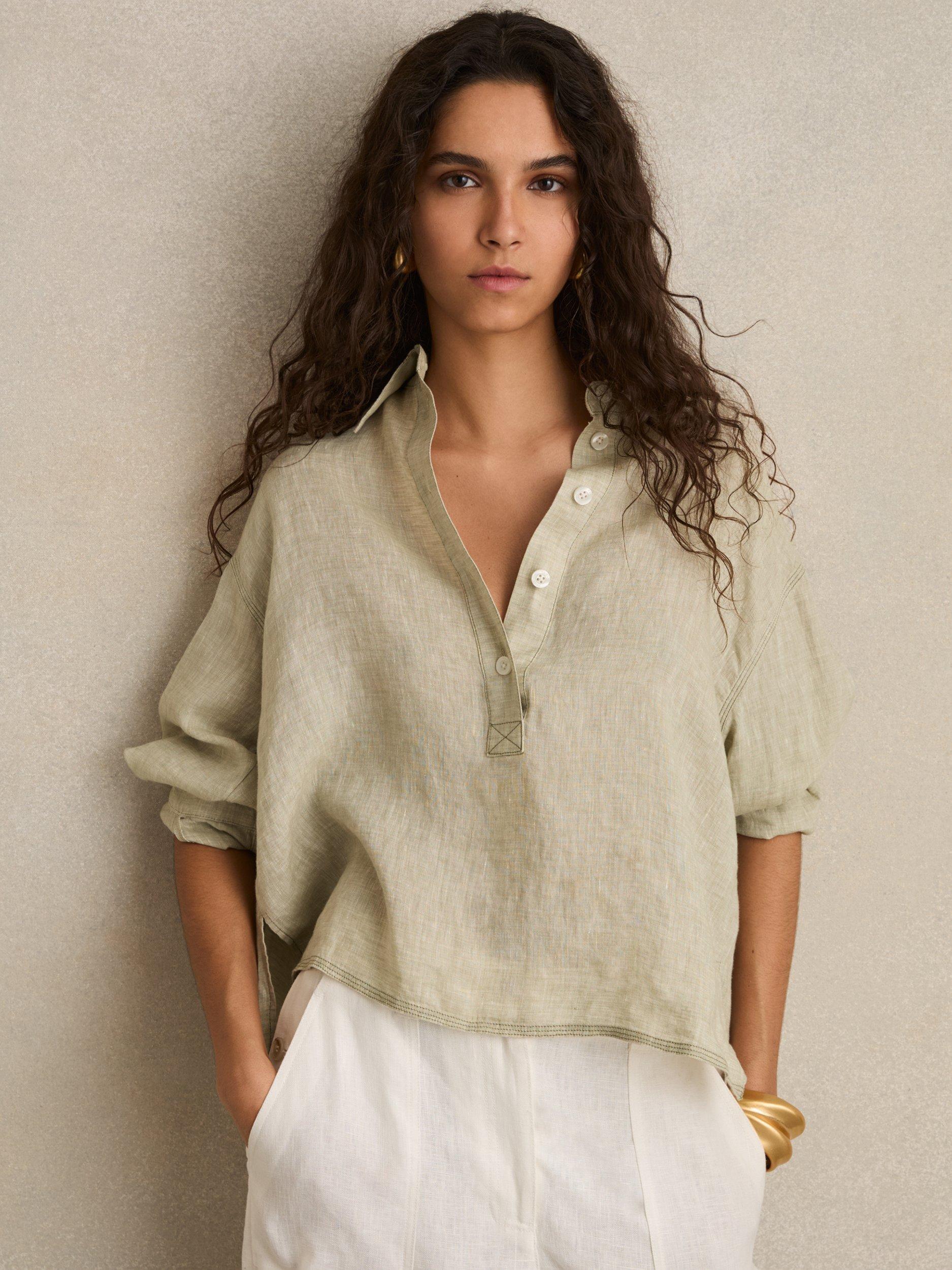 Product image 1 of 5, which shows Reiss Nina Pure Linen Shirt, Sage, 8