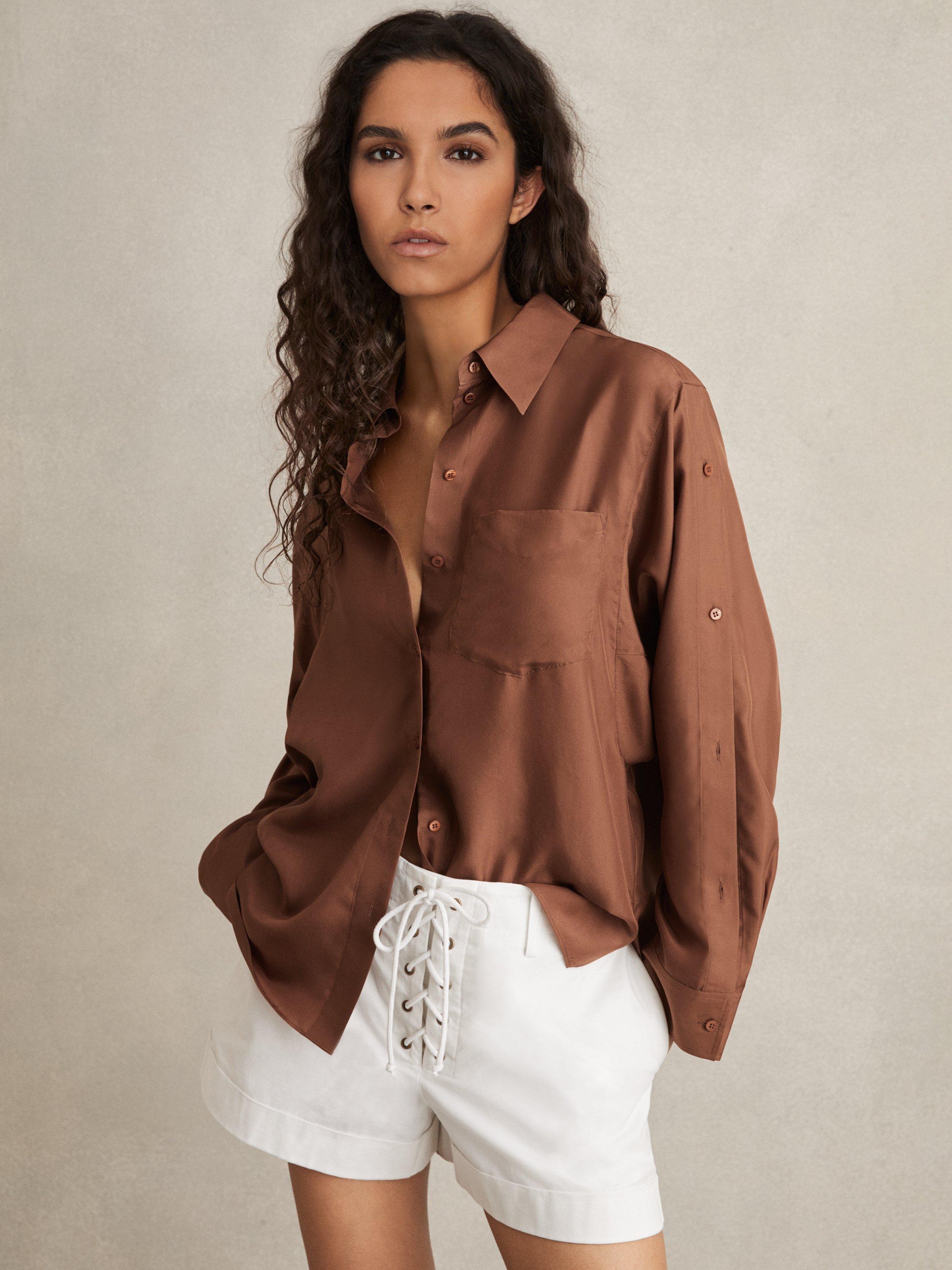 Product image 1 of 5, which shows Reiss Reenie Button Sleeve Pure Silk Shirt, Brown, 10
