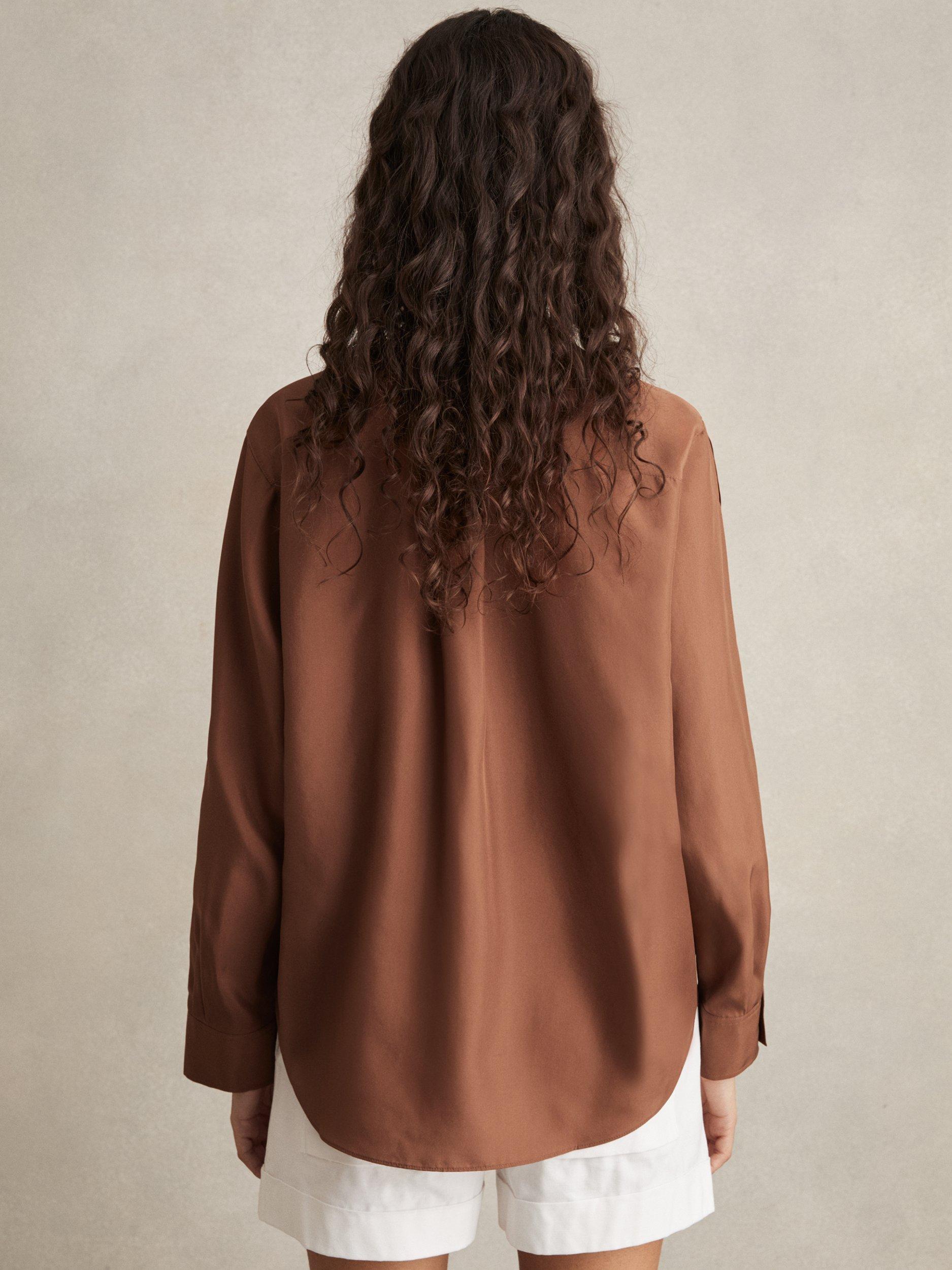 Product image 2 of 5, which shows Reiss Reenie Button Sleeve Pure Silk Shirt, Brown, 10