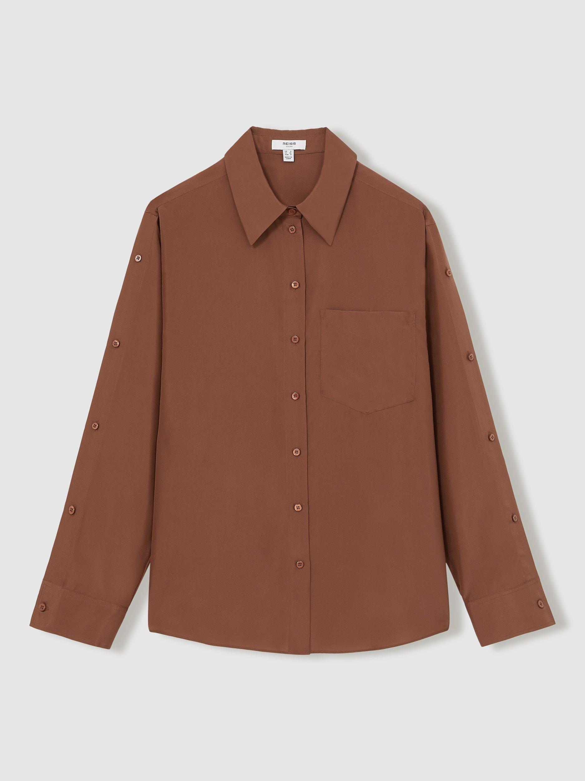 Product image 3 of 5, which shows Reiss Reenie Button Sleeve Pure Silk Shirt, Brown, 10