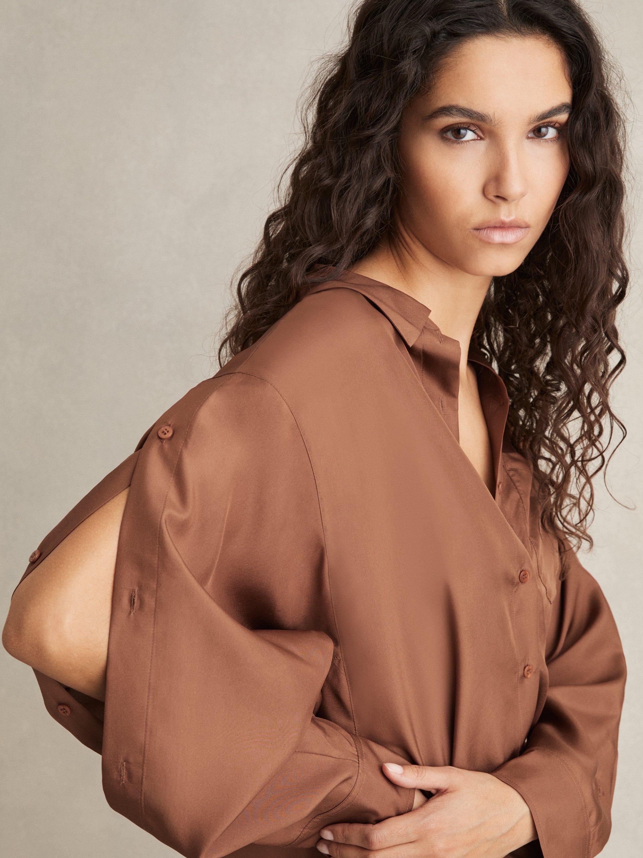 Product image 5 of 5, which shows Reiss Reenie Button Sleeve Pure Silk Shirt, Brown, 10