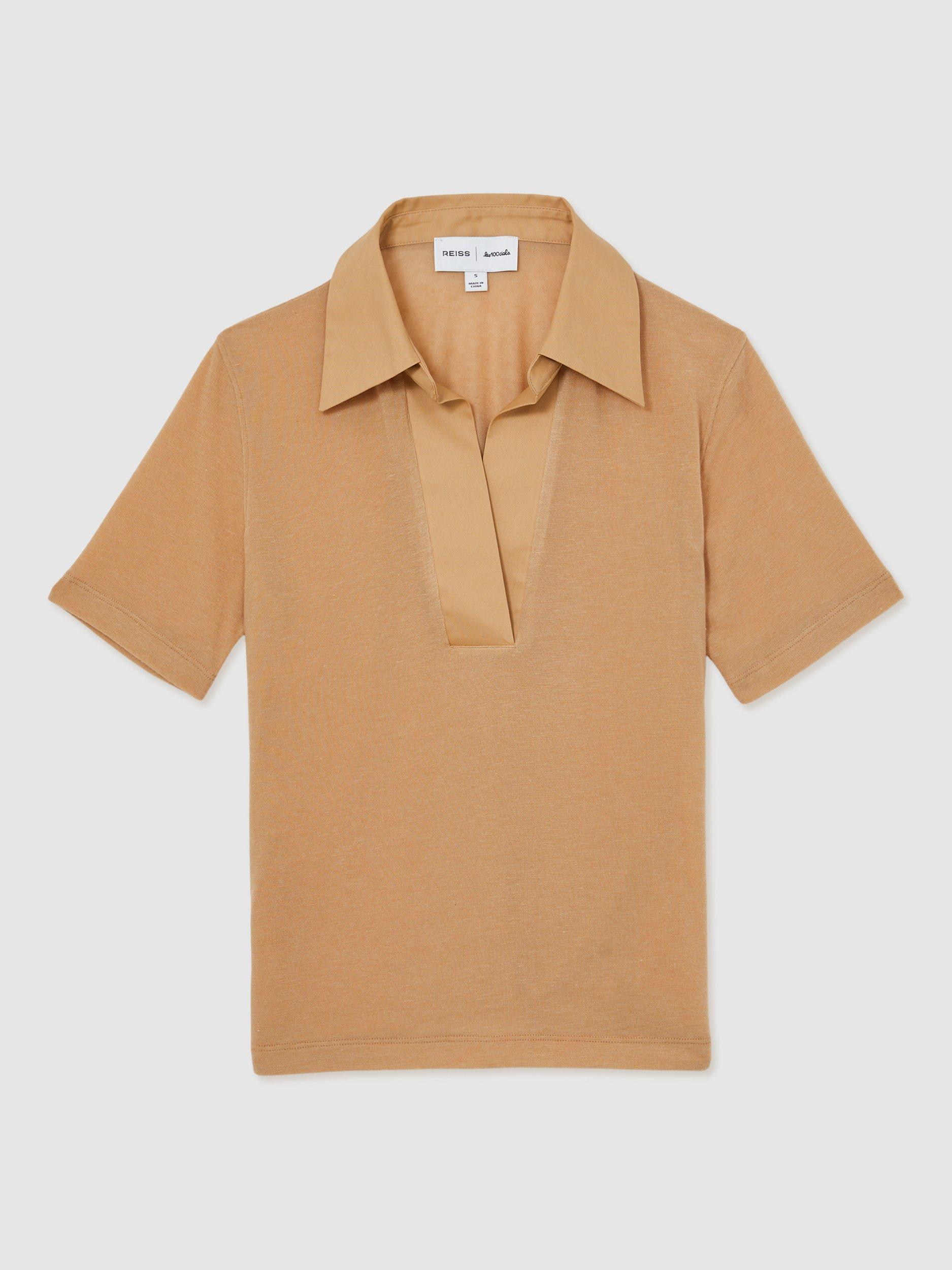 Product image 3 of 5, which shows Reiss Les 100 Ciels Wren Polo Top, Tan, XS
