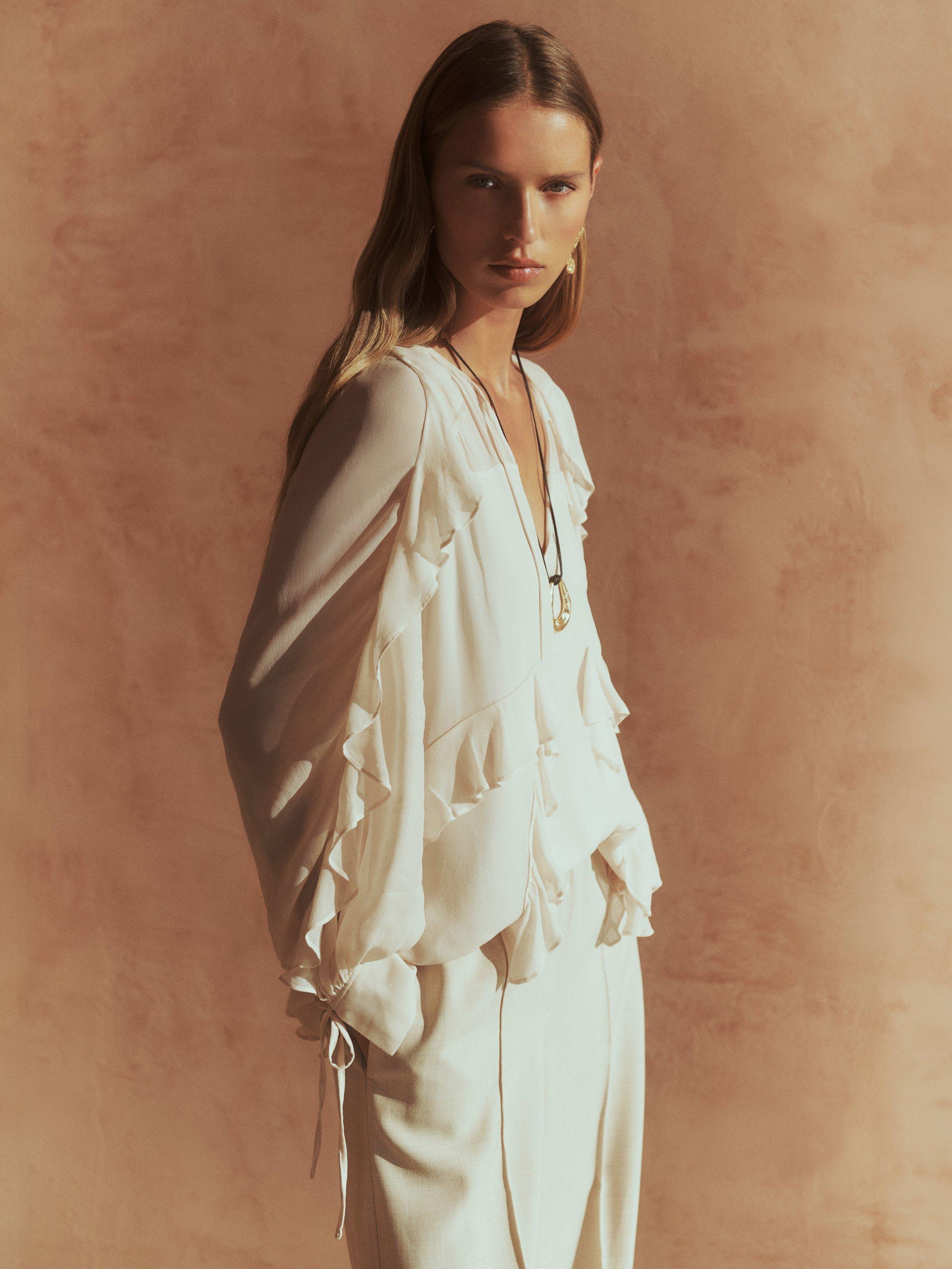 Product image 1 of 5, which shows Reiss Zaria Ruffle Blouse, Pale Pink, 8