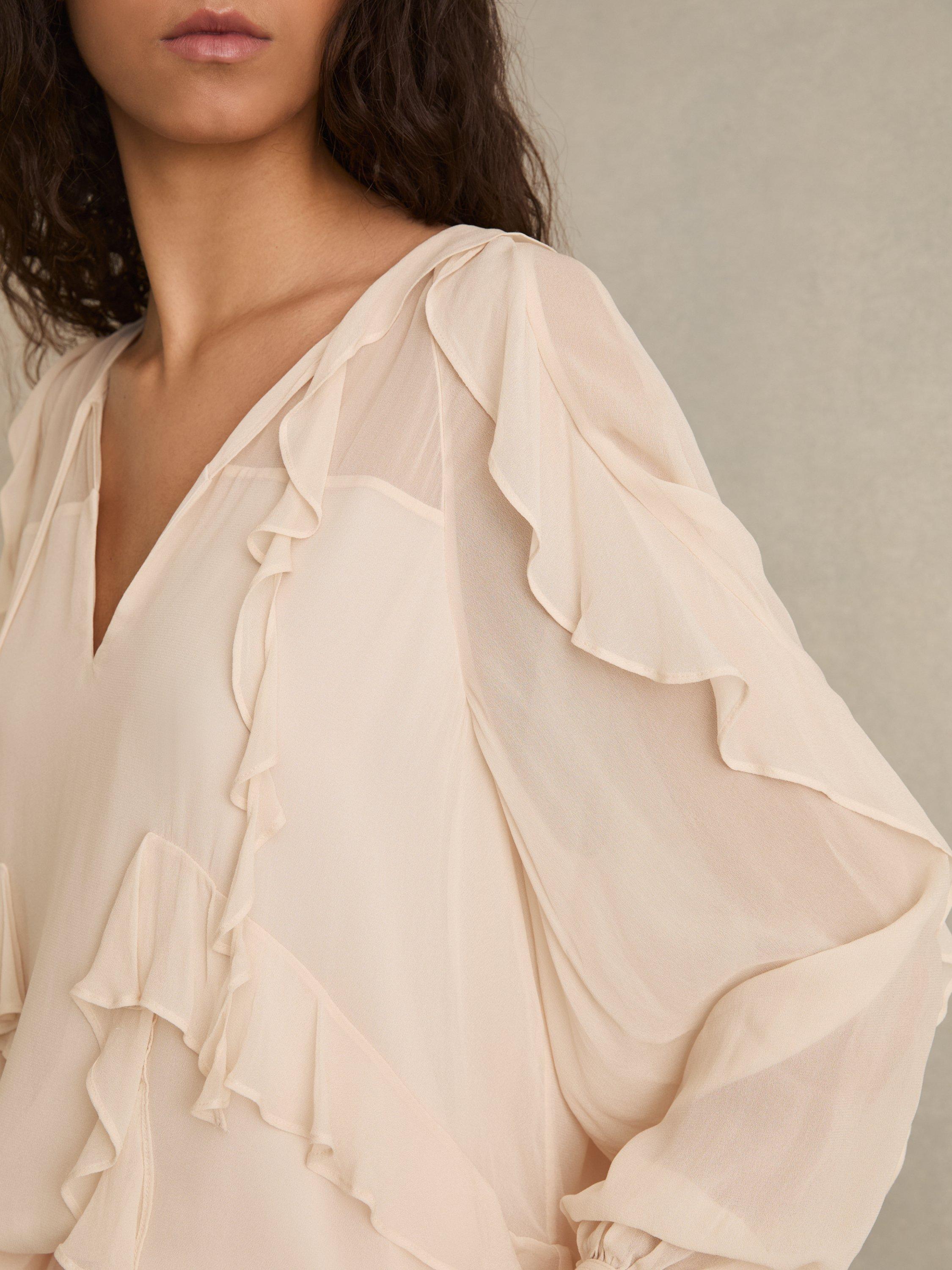 Product image 2 of 5, which shows Reiss Zaria Ruffle Blouse, Pale Pink, 8