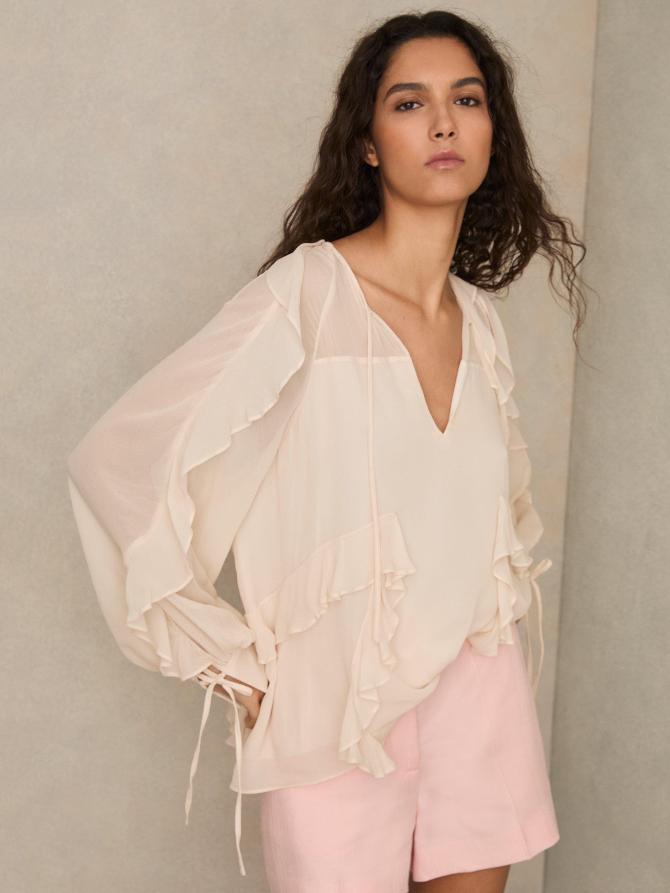 Product image 4 of 5, which shows Reiss Zaria Ruffle Blouse, Pale Pink, 8