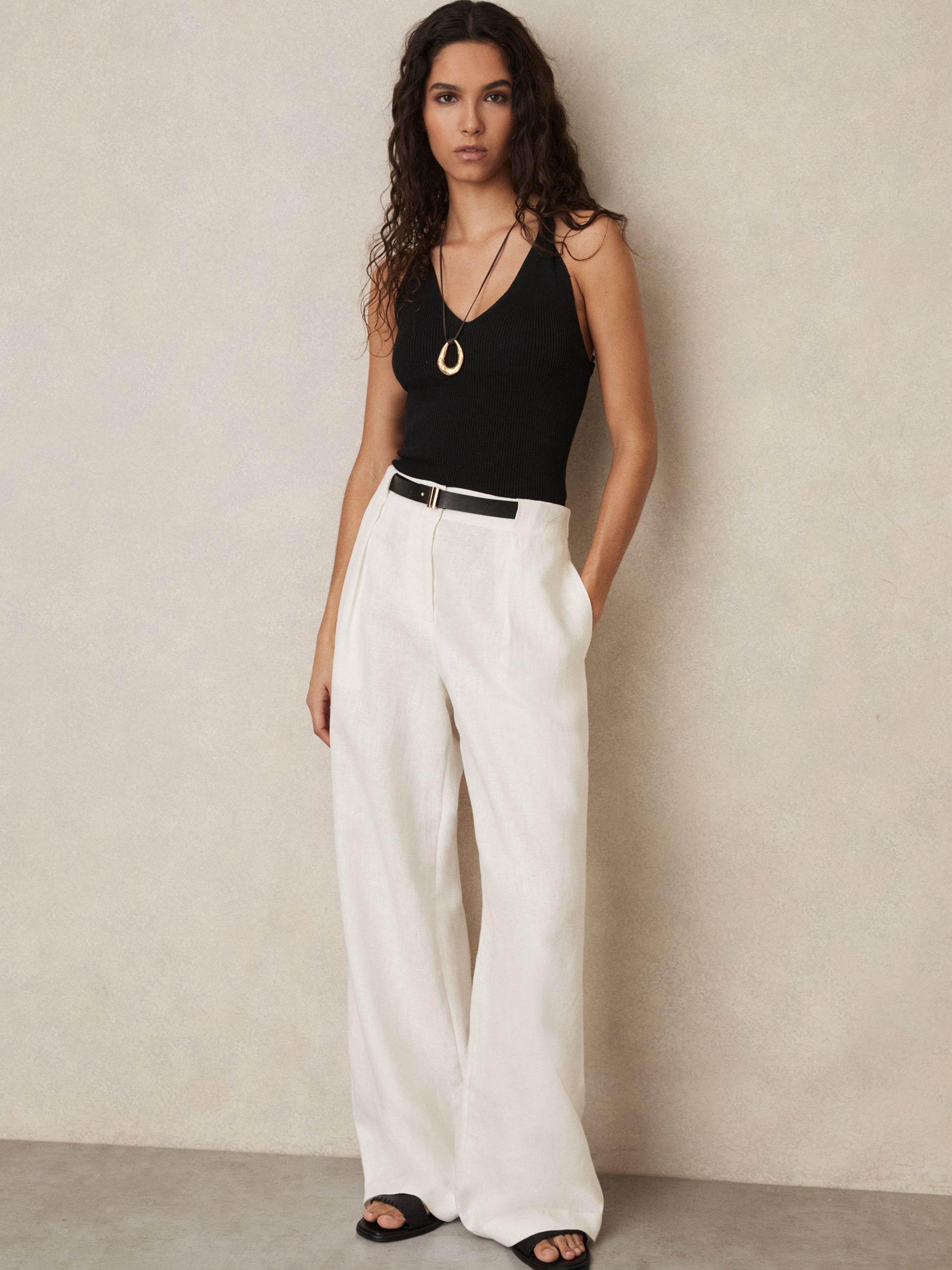 Product image 1 of 5, which shows Reiss Analise Belt Detail Pure Linen Trousers, White, 6R