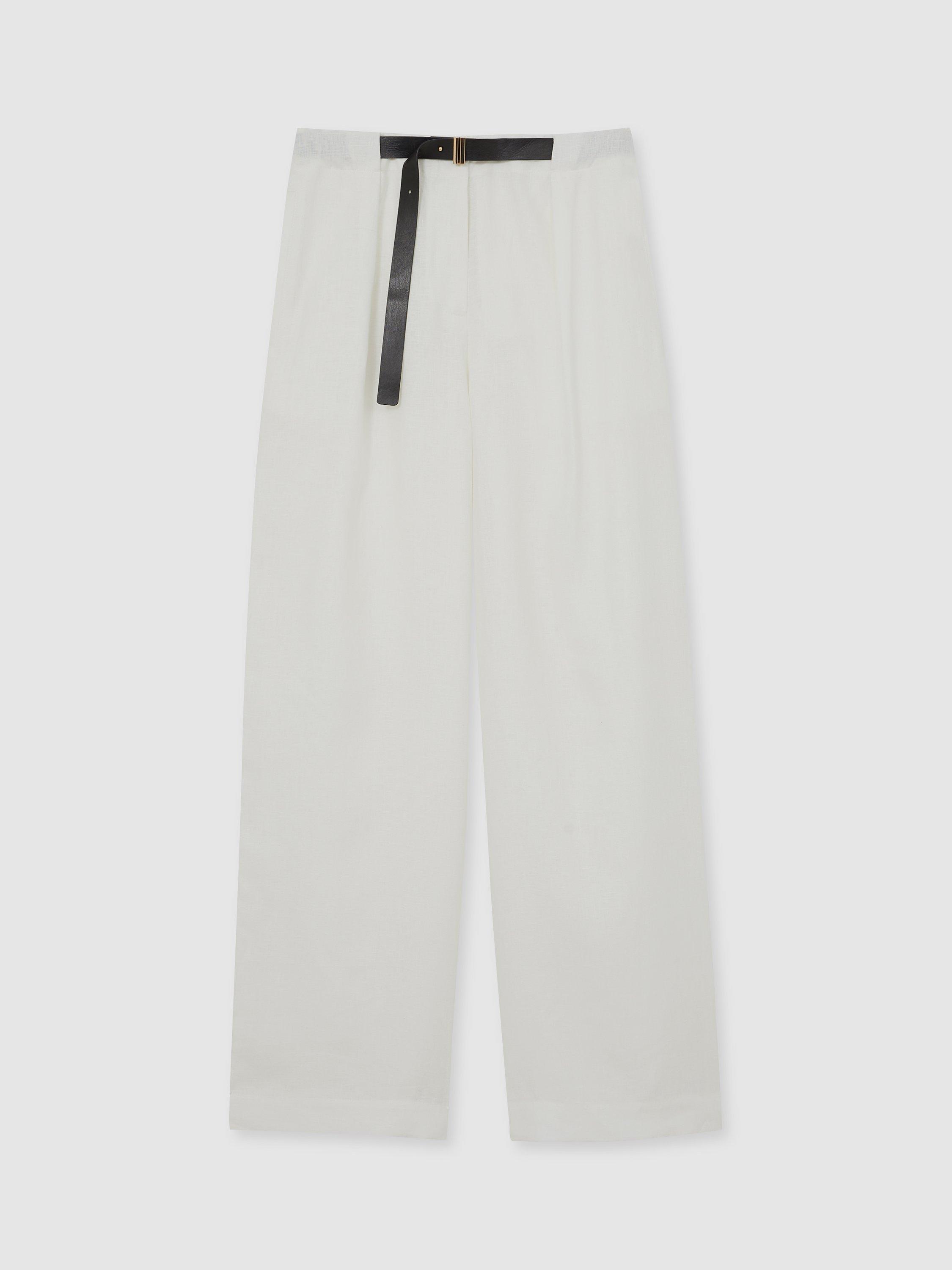 Product image 3 of 5, which shows Reiss Analise Belt Detail Pure Linen Trousers, White, 6R