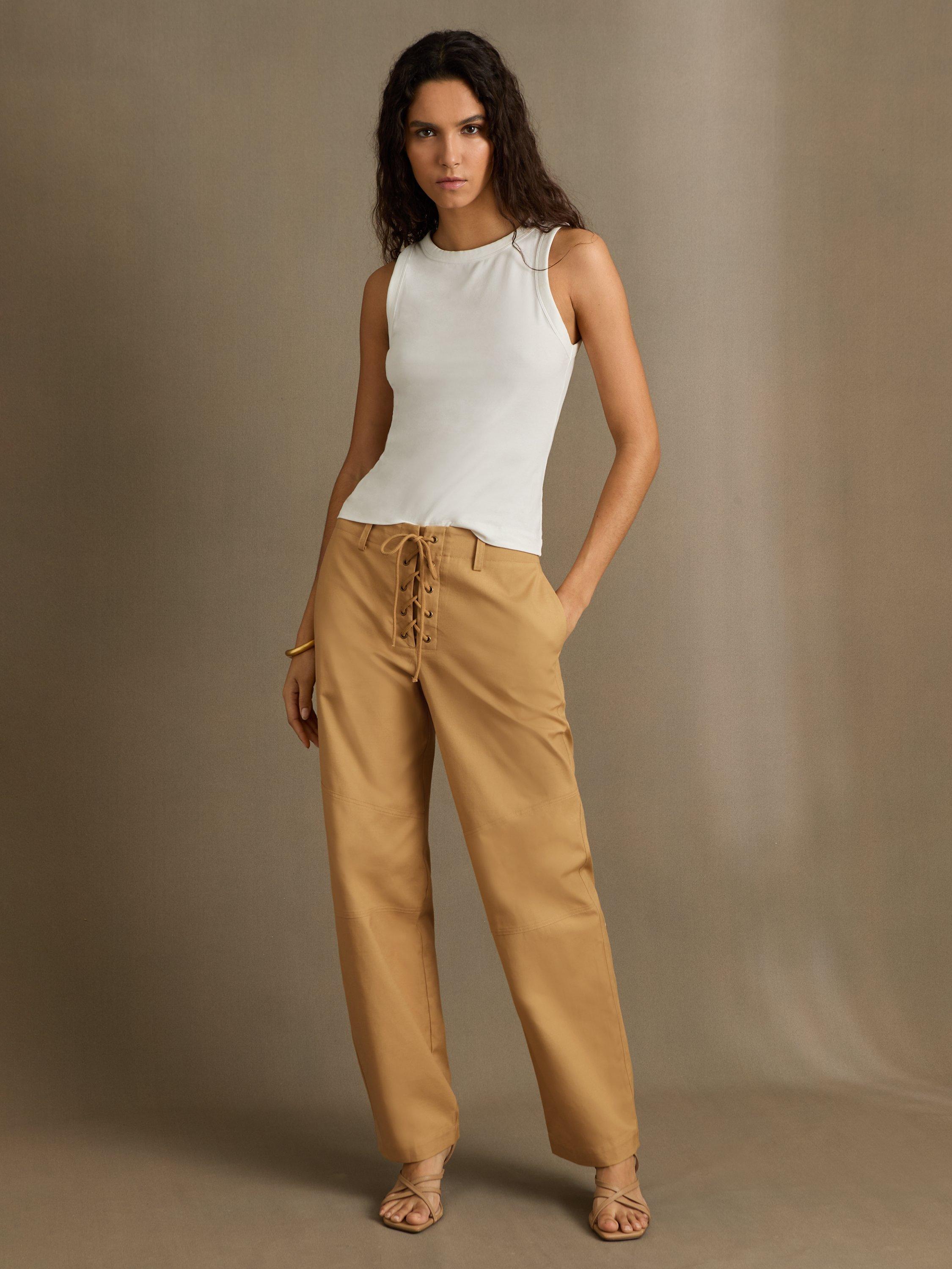 Product image 1 of 5, which shows Reiss Clement Tie Detail Trousers, Tan, 8R
