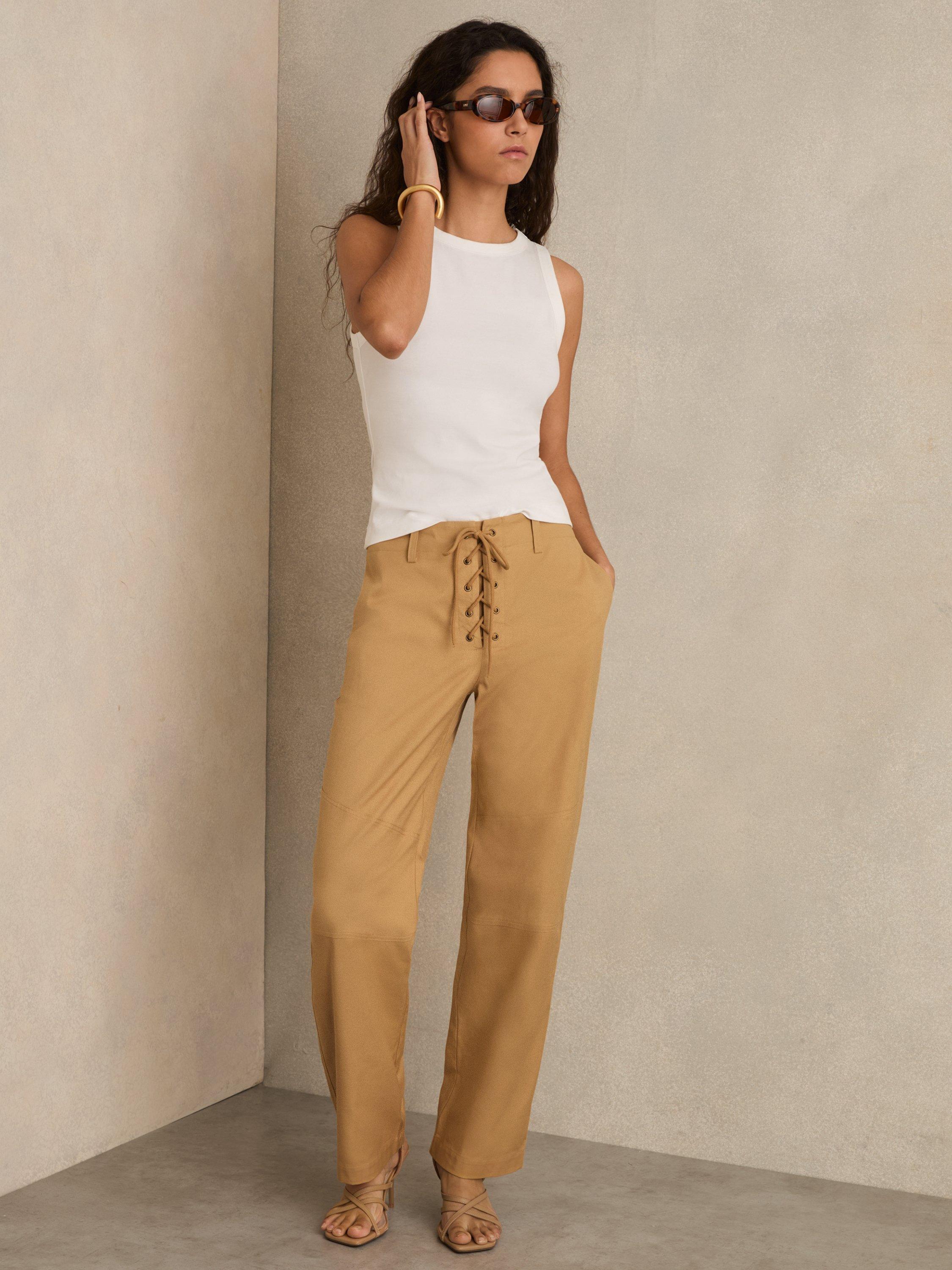 Product image 2 of 5, which shows Reiss Clement Tie Detail Trousers, Tan, 8R